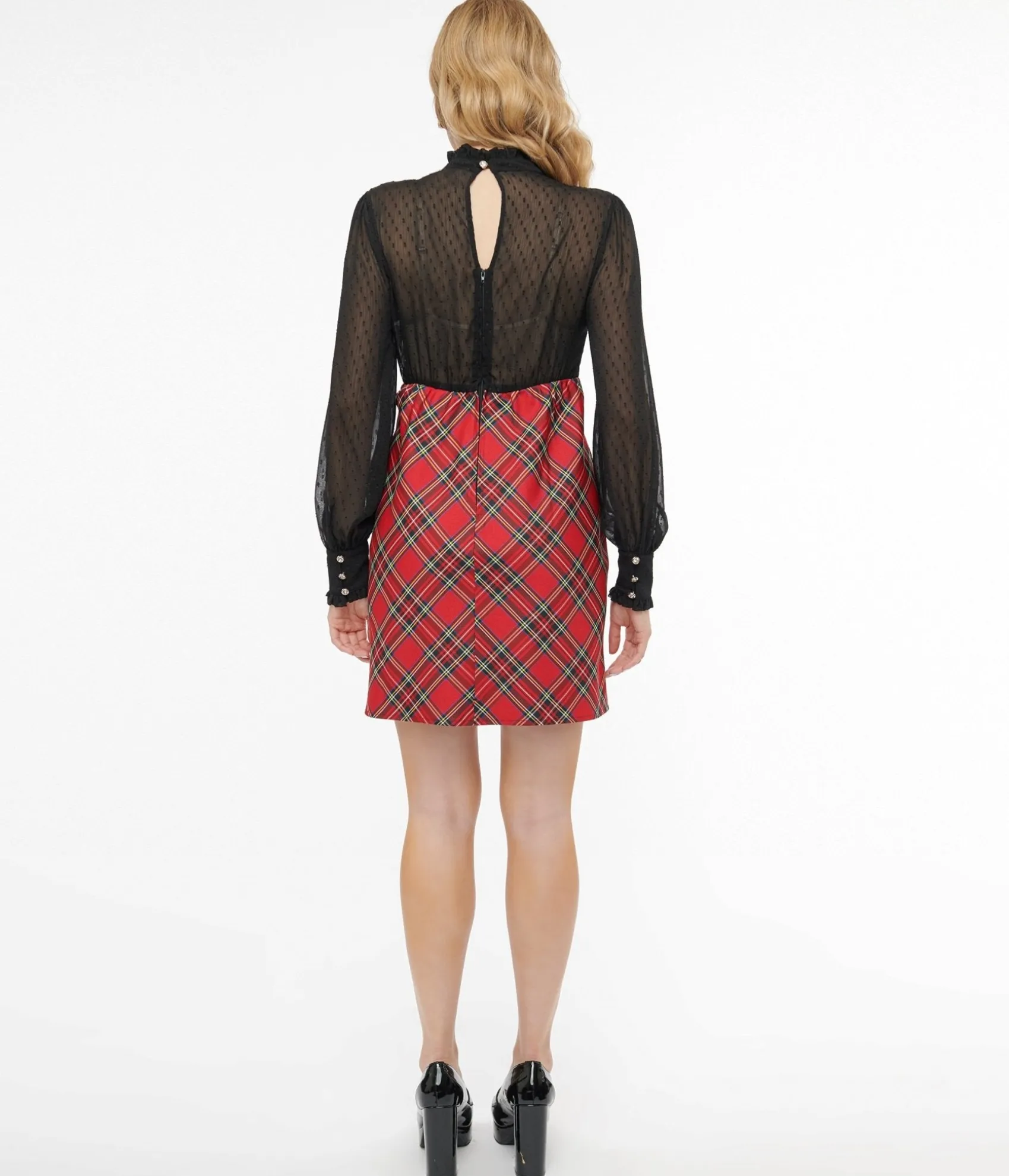 Unique Vintage Smak Parlour 1960s Red Plaid & Black Ruffle Neck A-Line Dress New