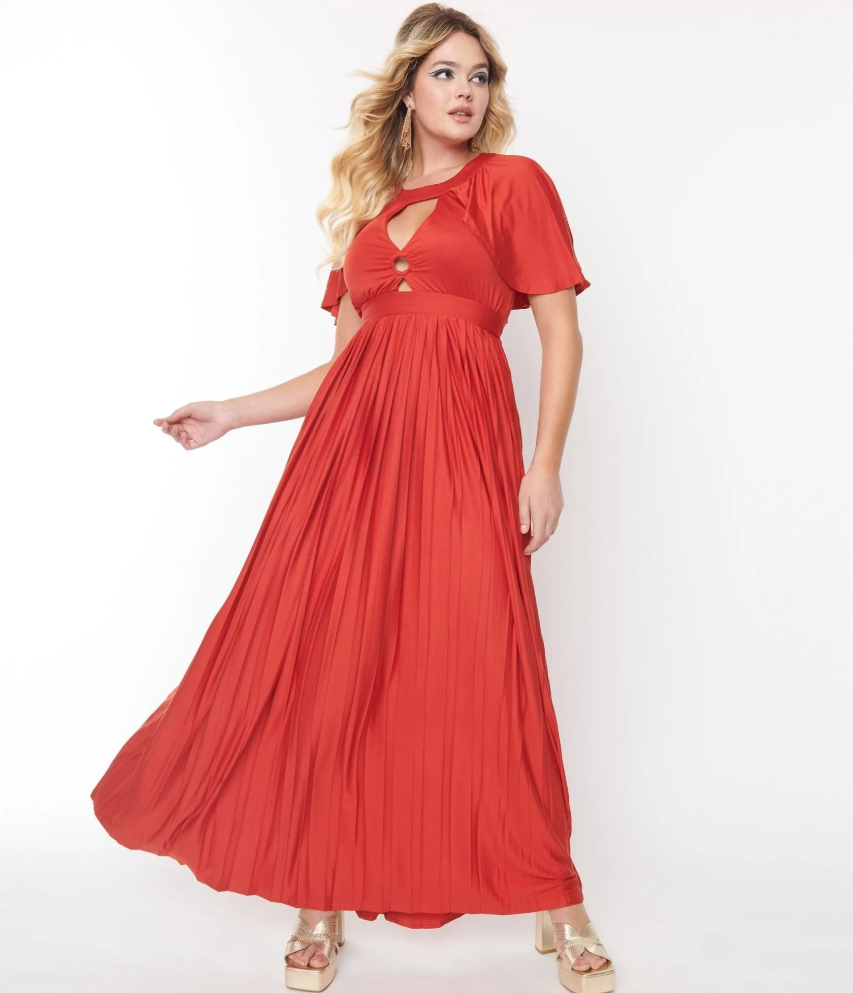 Unique Vintage Smak Parlour 1970s Rust Red Pleated Cape Maxi Dress Online
