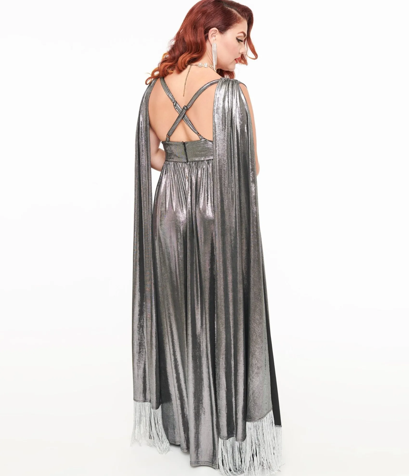 Unique Vintage Smak Parlour 1970s Silver Fringe Cape Maxi Dress Outlet