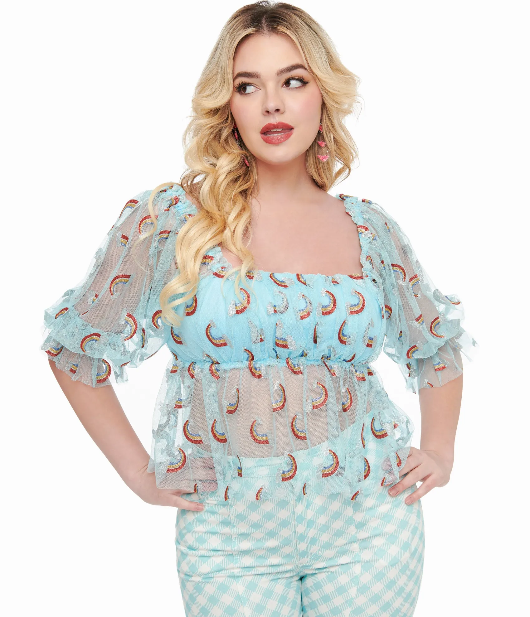 Unique Vintage Smak Parlour 1960s Sky Blue & Glitter Rainbow Mesh Ruffle Babydoll Top Cheap