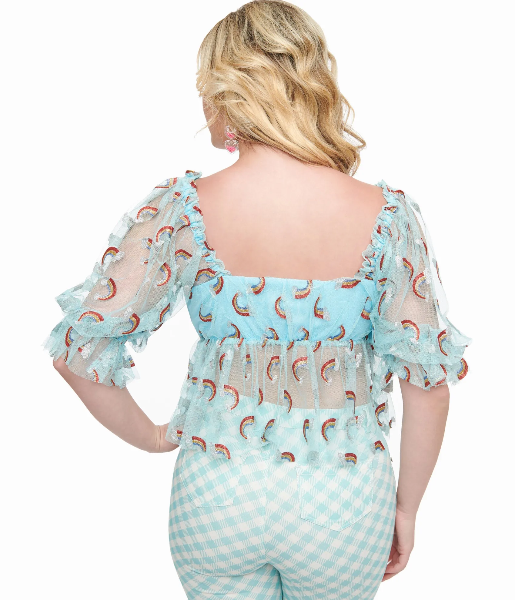 Unique Vintage Smak Parlour 1960s Sky Blue & Glitter Rainbow Mesh Ruffle Babydoll Top Cheap