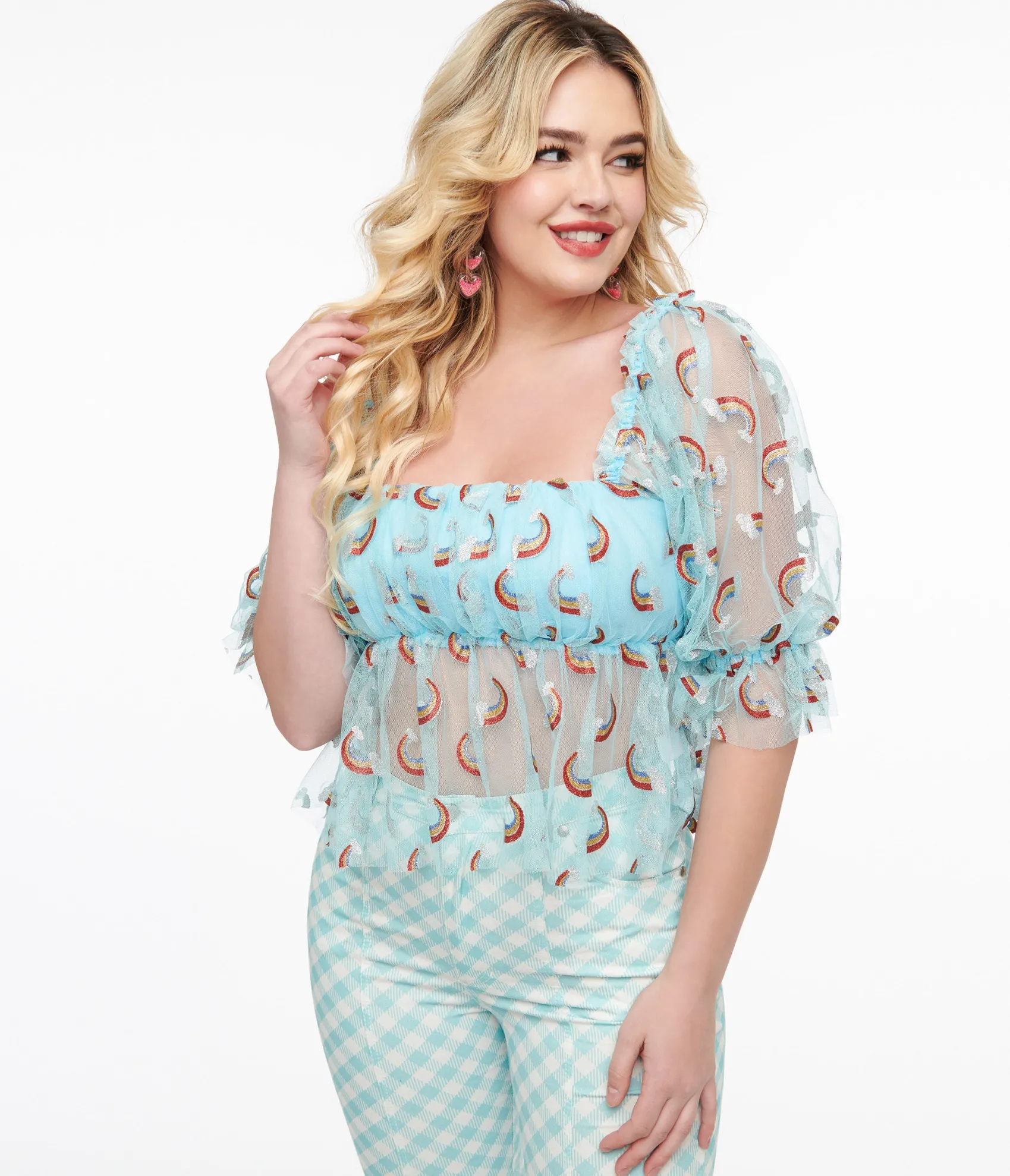 Unique Vintage Smak Parlour 1960s Sky Blue & Glitter Rainbow Mesh Ruffle Babydoll Top Cheap