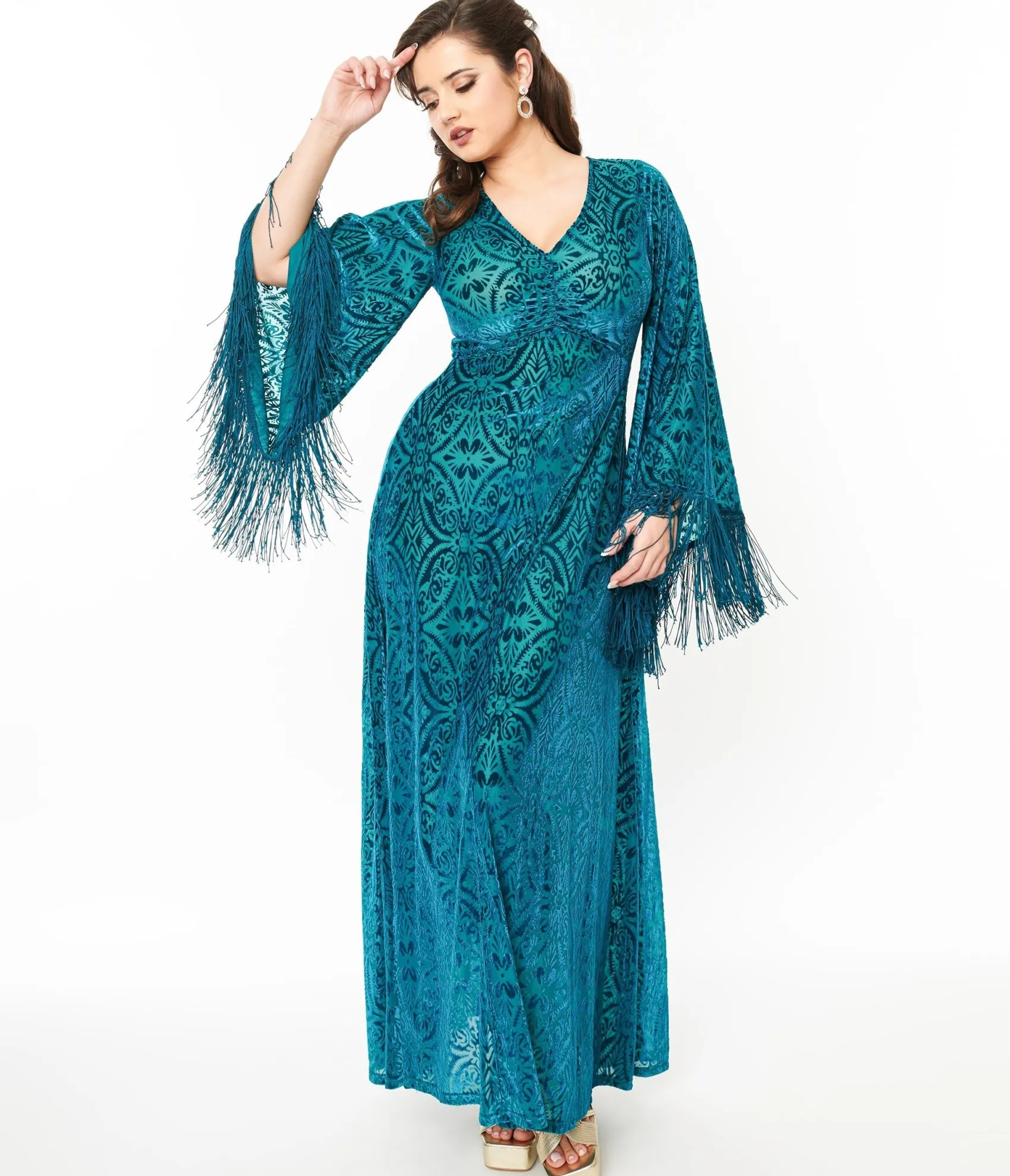 Unique Vintage Smak Parlour 1970s Teal Floral Fringe Sleeve Maxi Dress Hot