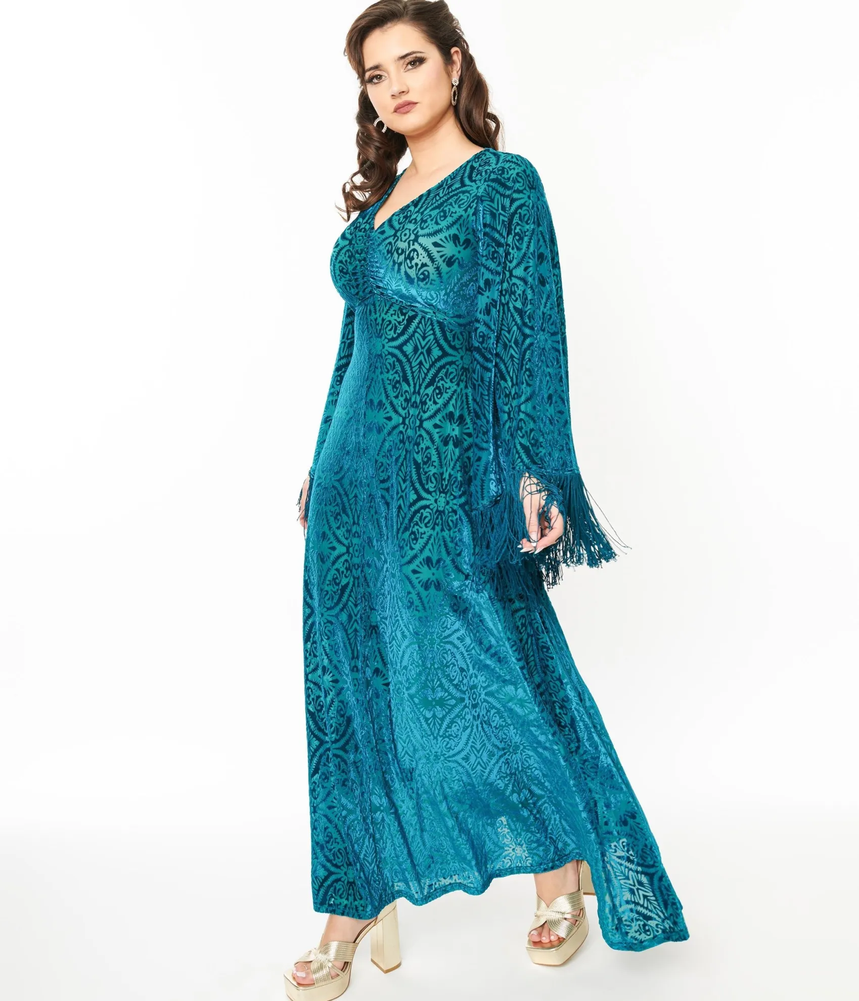 Unique Vintage Smak Parlour 1970s Teal Floral Fringe Sleeve Maxi Dress Hot