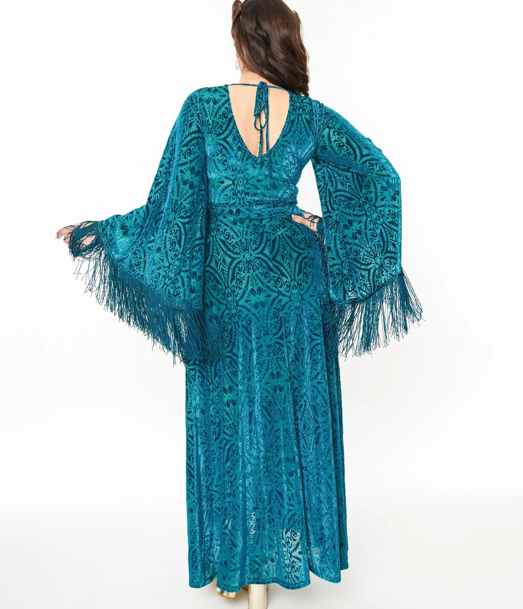 Unique Vintage Smak Parlour 1970s Teal Floral Fringe Sleeve Maxi Dress Hot