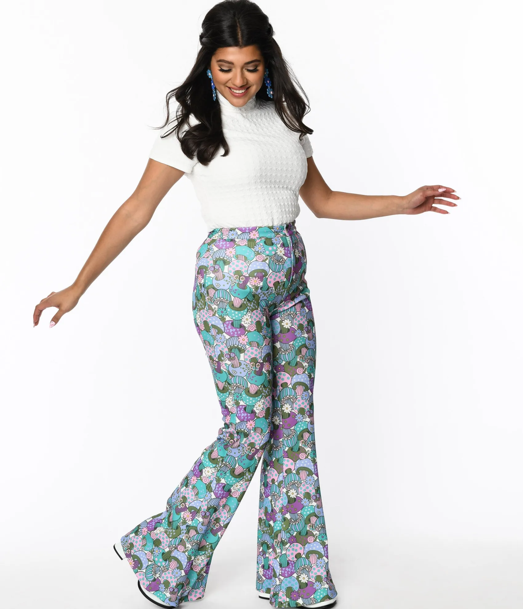 Unique Vintage Smak Parlour 1970s Teal Groovy Mushrooms Find Your Flare Pants Best Sale