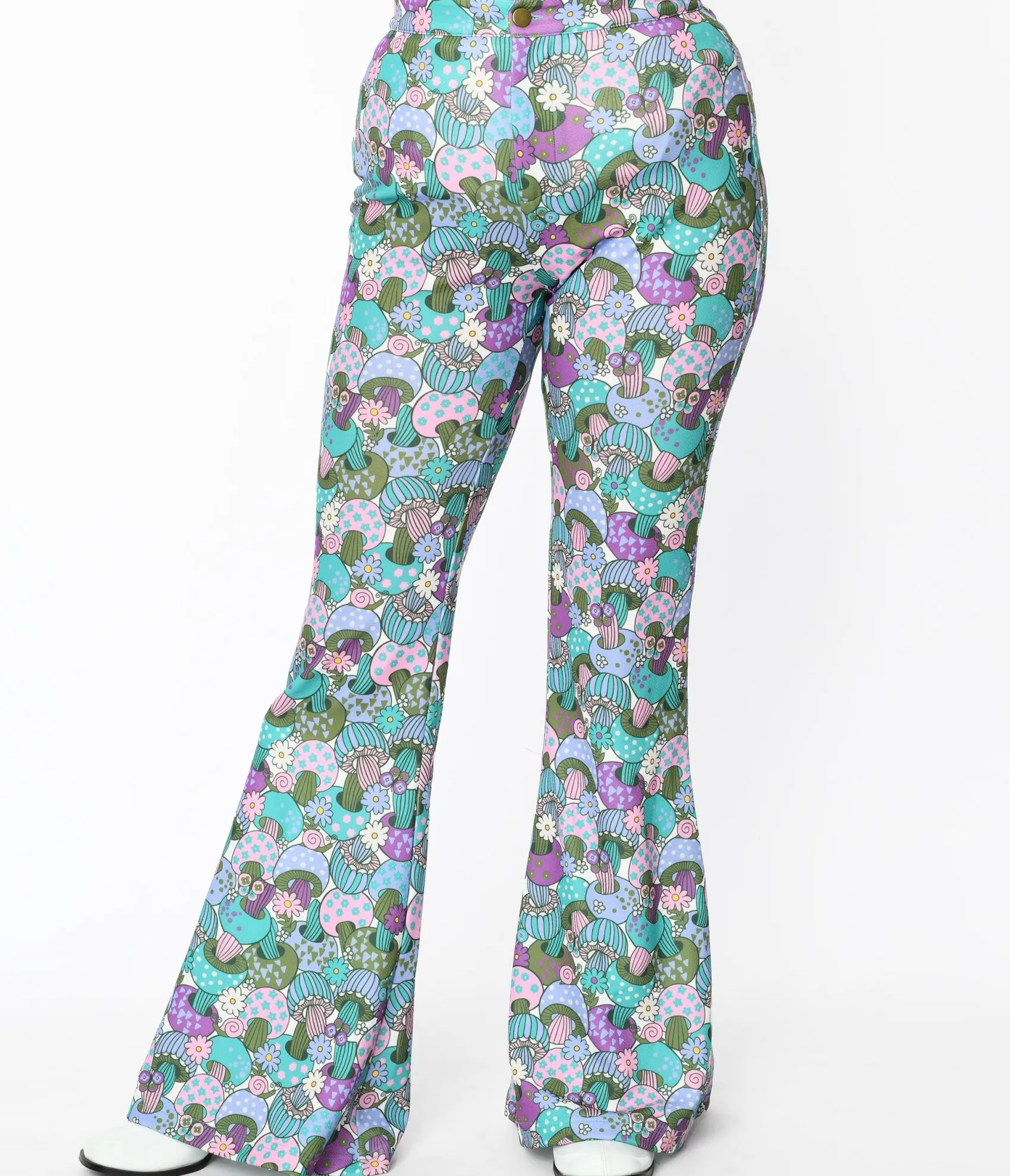 Unique Vintage Smak Parlour 1970s Teal Groovy Mushrooms Find Your Flare Pants Best Sale