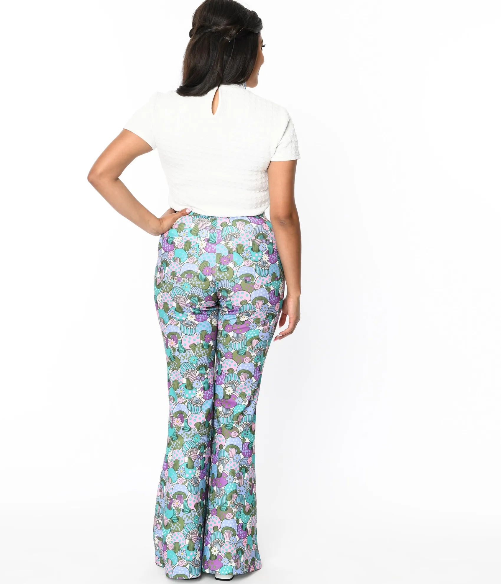 Unique Vintage Smak Parlour 1970s Teal Groovy Mushrooms Find Your Flare Pants Best Sale