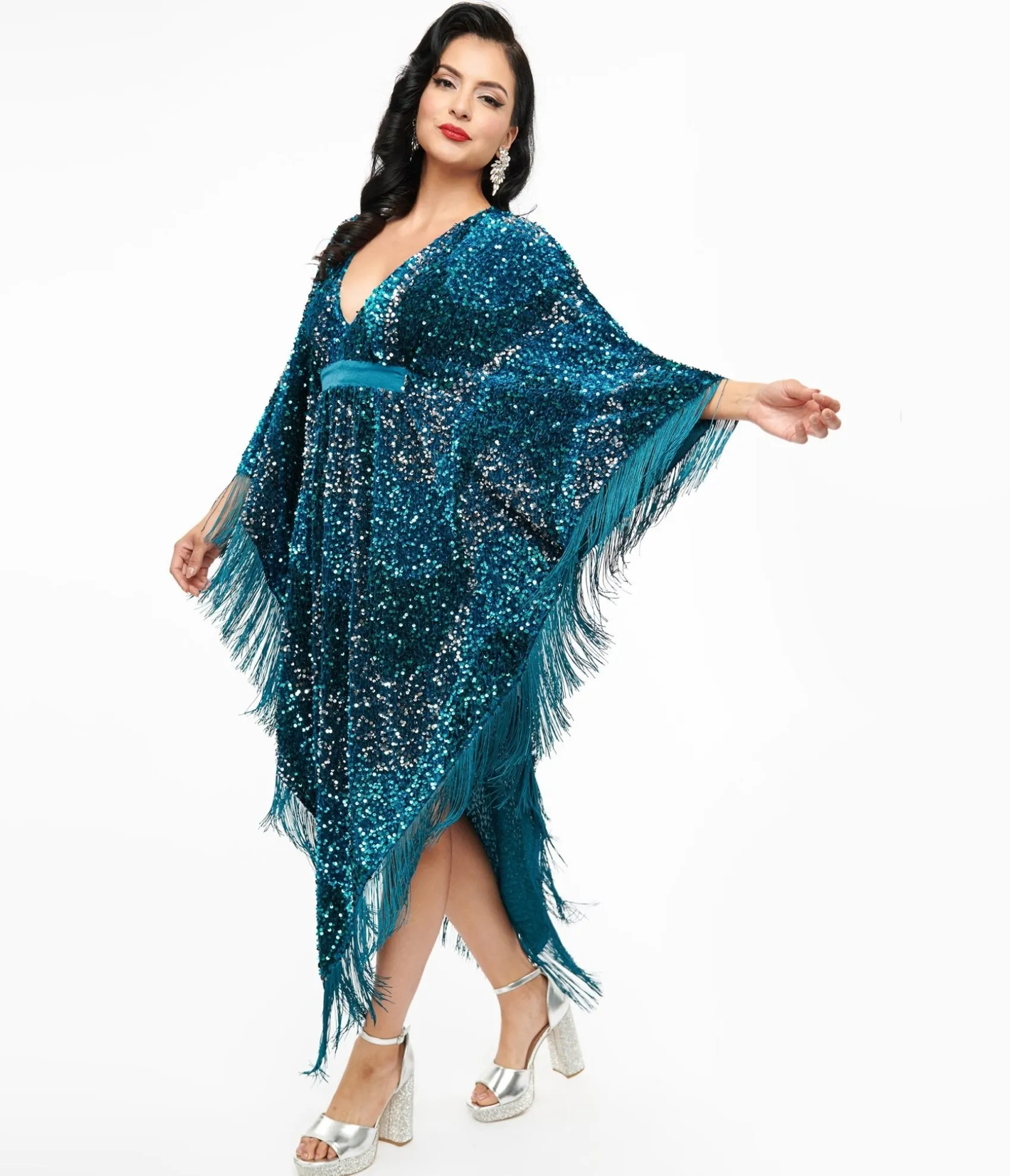 Unique Vintage Smak Parlour 1970s Teal Sequin Fringe Caftan Dress Cheap