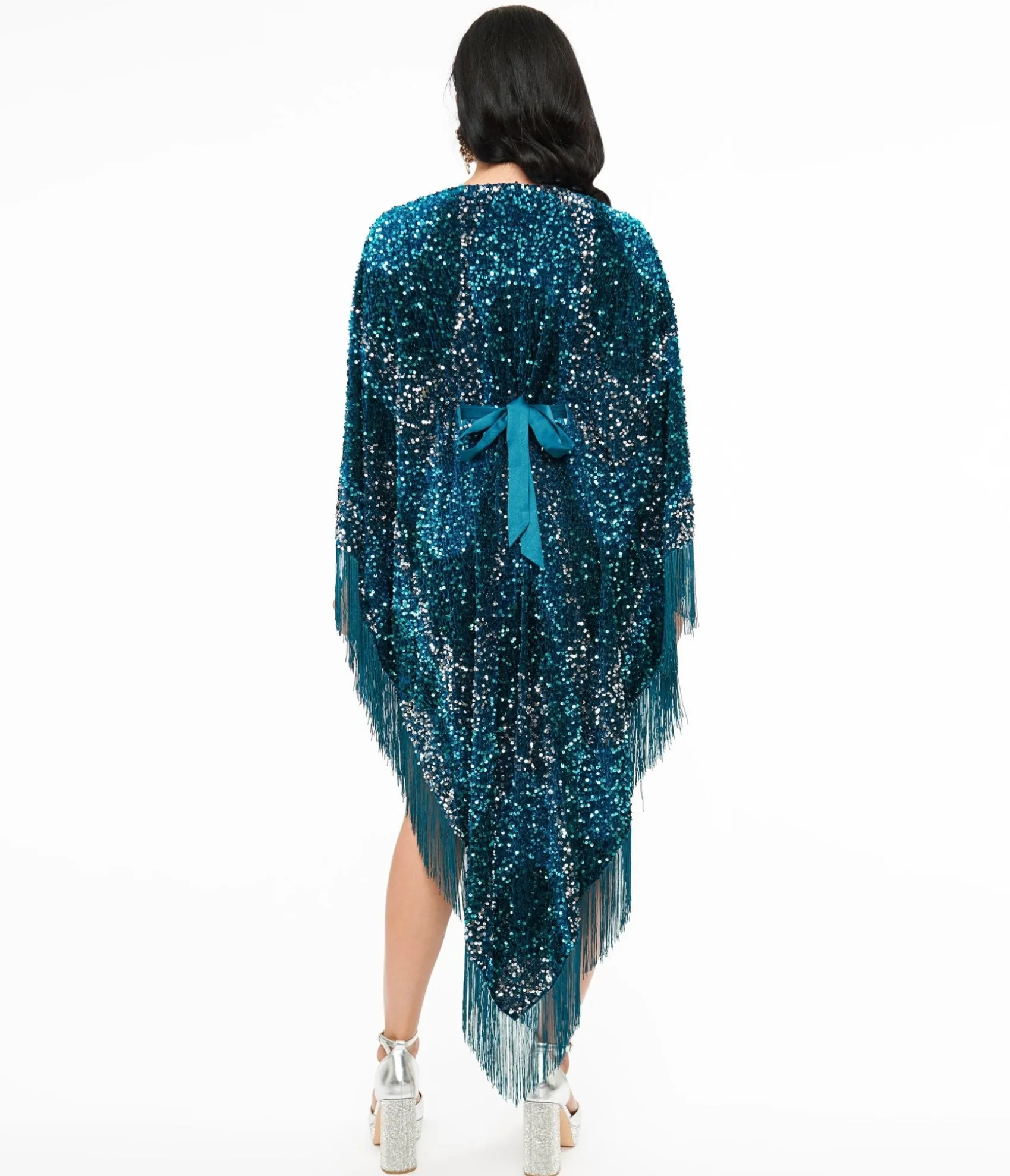 Unique Vintage Smak Parlour 1970s Teal Sequin Fringe Caftan Dress Cheap
