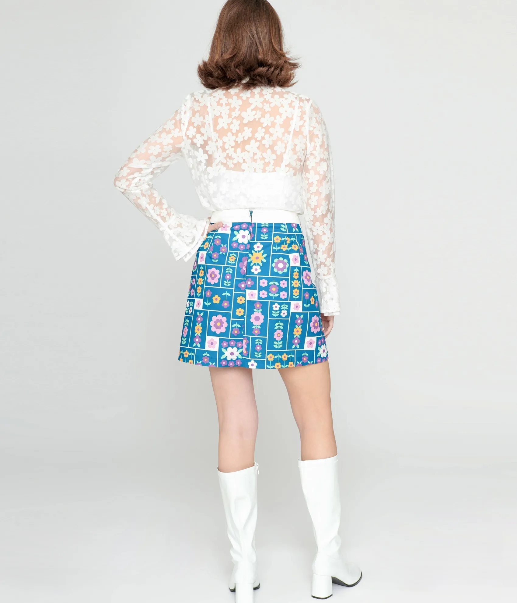Unique Vintage Smak Parlour 1960s Teal Wallpaper Floral Print Mod Skirt Outlet