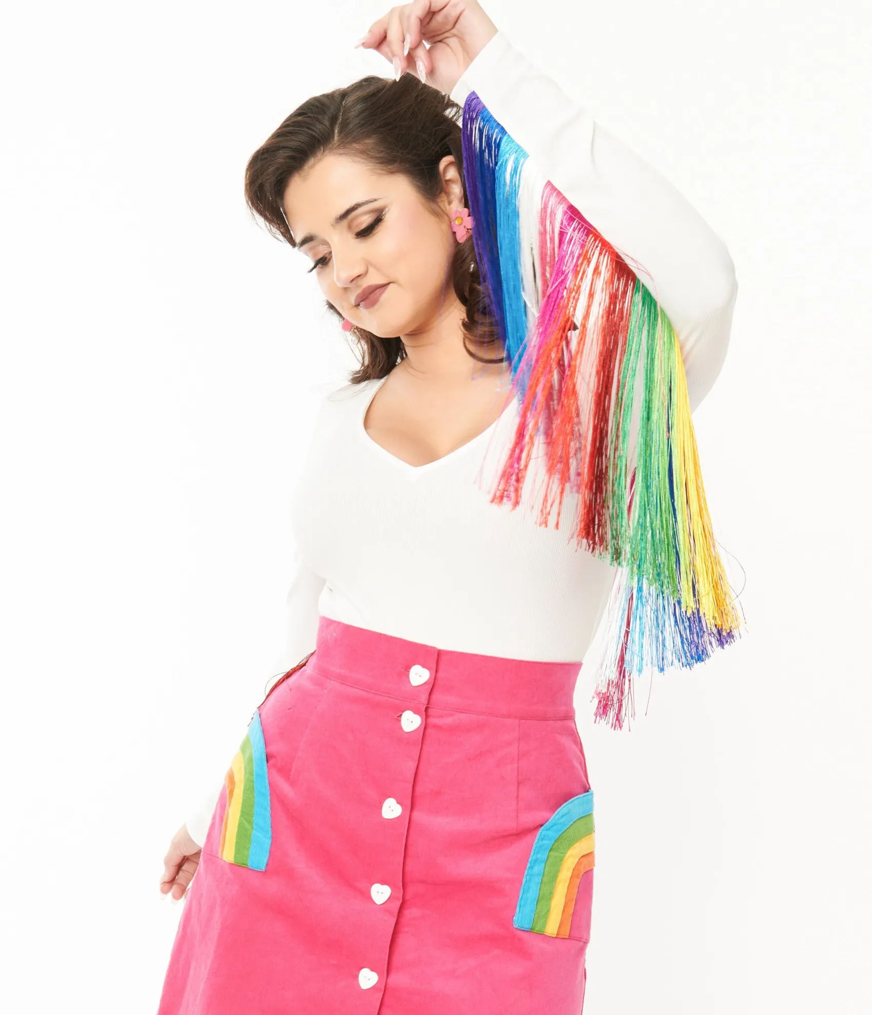 Unique Vintage Smak Parlour 1970s White & Rainbow Fringe Sleeved Bodysuit Best