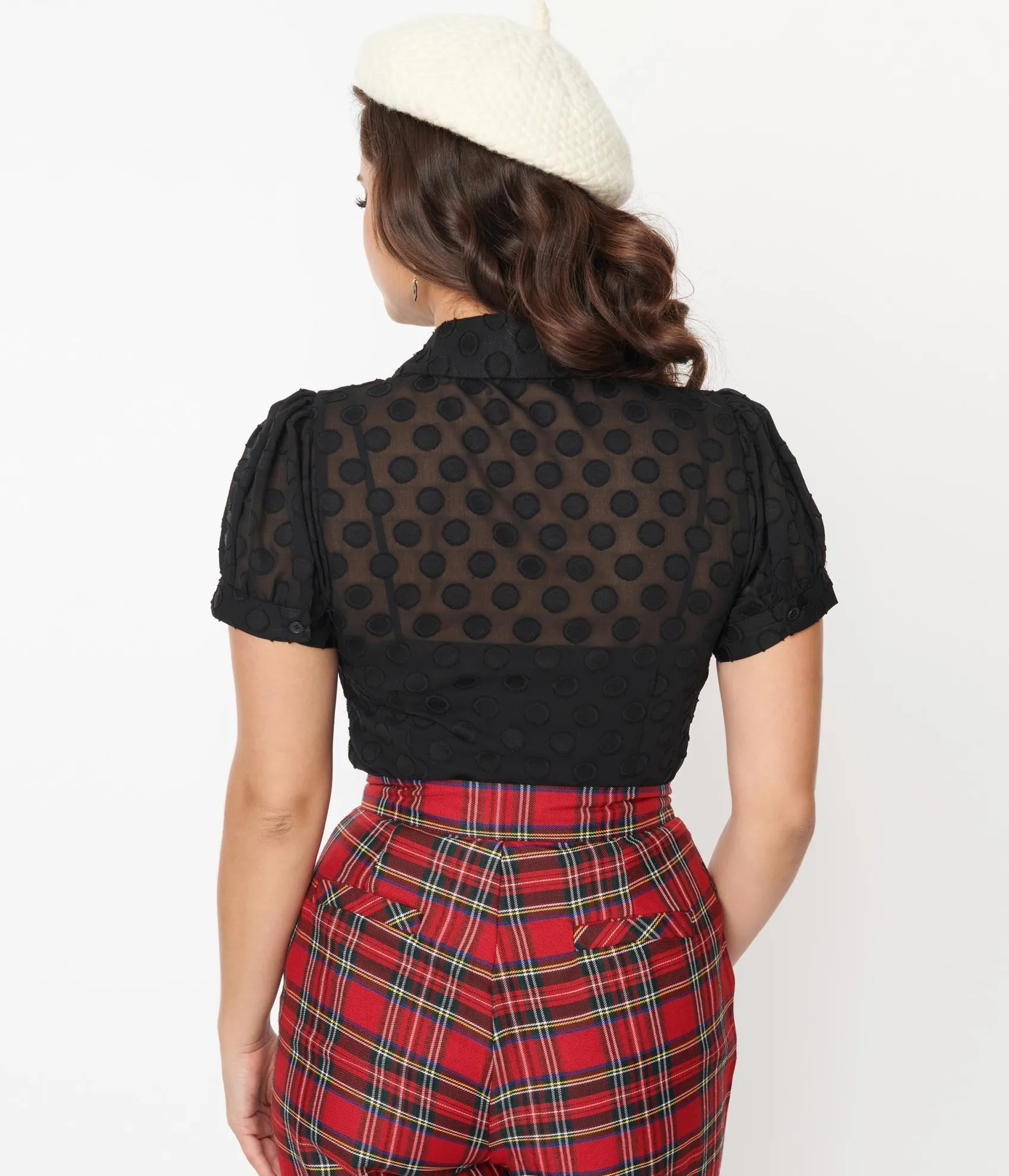 Unique Vintage Smak Parlour Sheer Black Dot Puff Sleeve Blouse Outlet