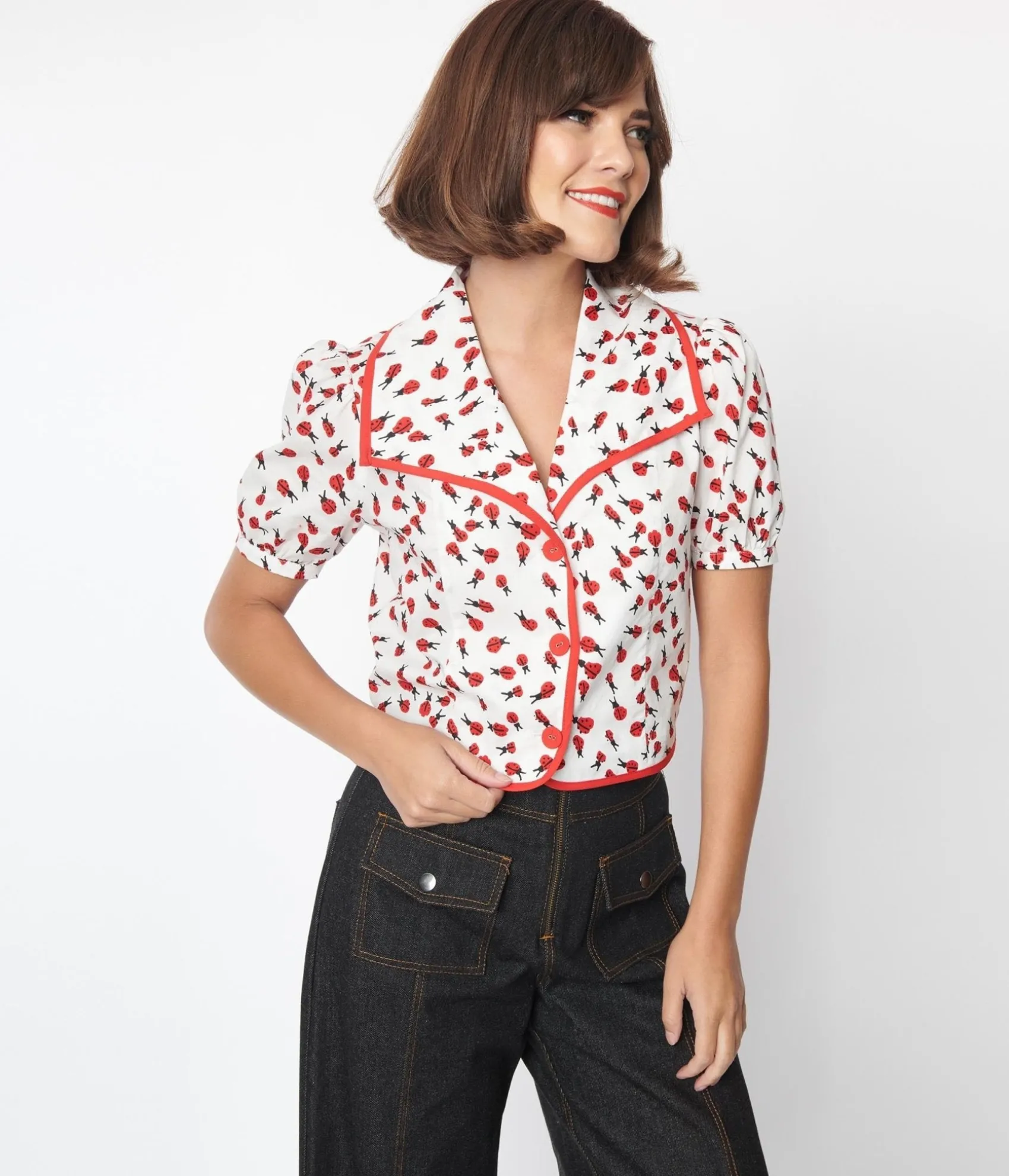 Unique Vintage Smak Parlour White & Ladybug Print Wide Lapel Collar Blouse Best
