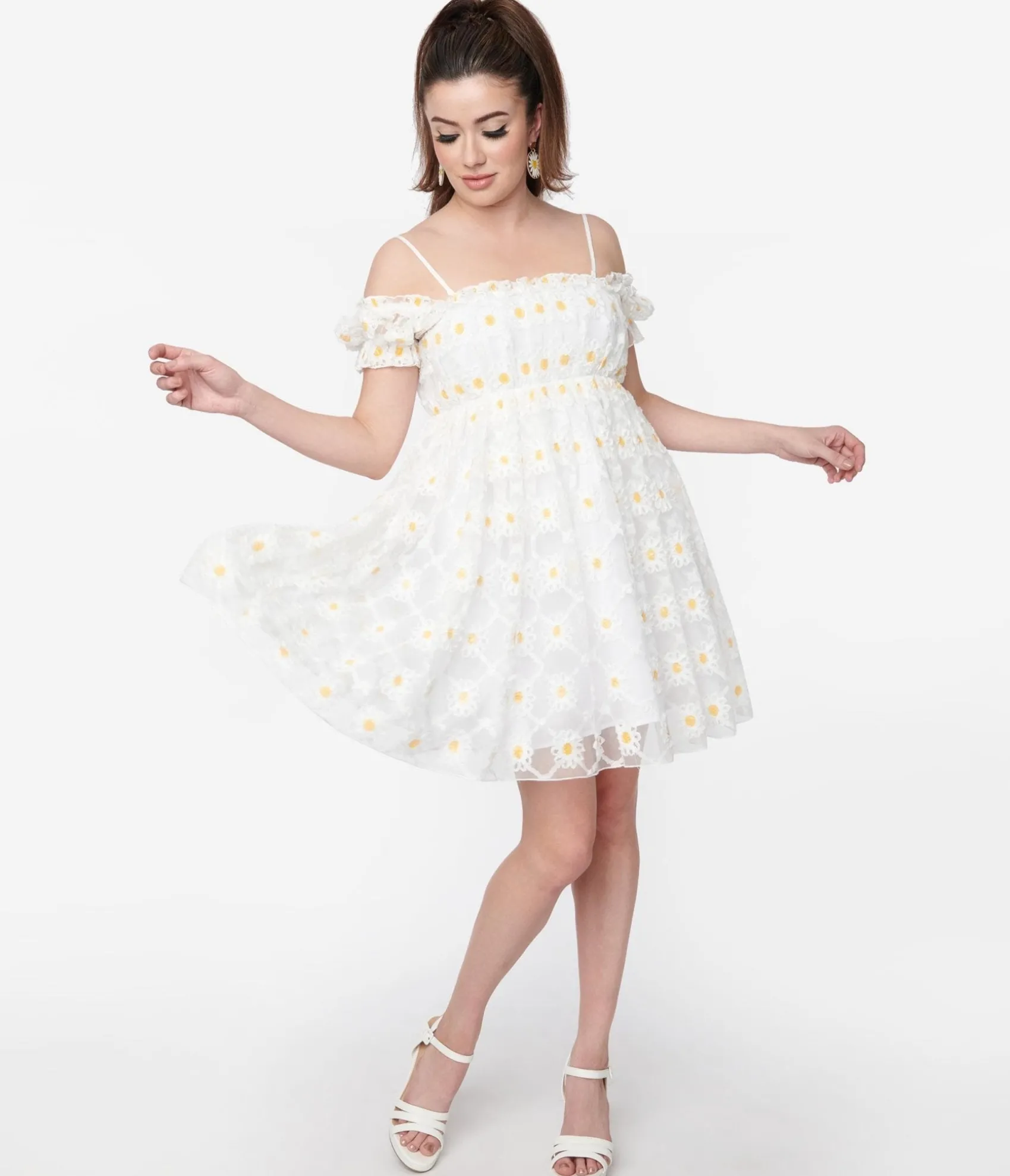 Unique Vintage Smak Parlour White Daisy Off the Shoulder Babydoll Dress New