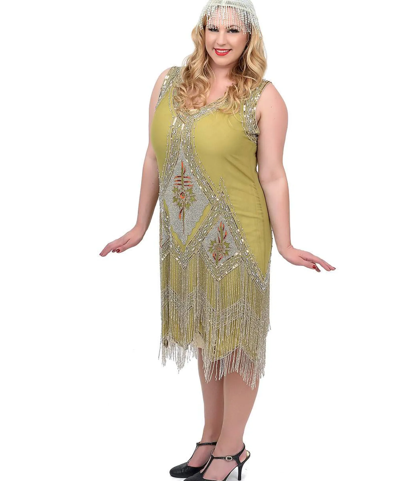Unique Vintage Special Order - Plus Size 1920s Green & Silver Embroidered & Hand Beaded Somerset Flapper Dress Best Sale