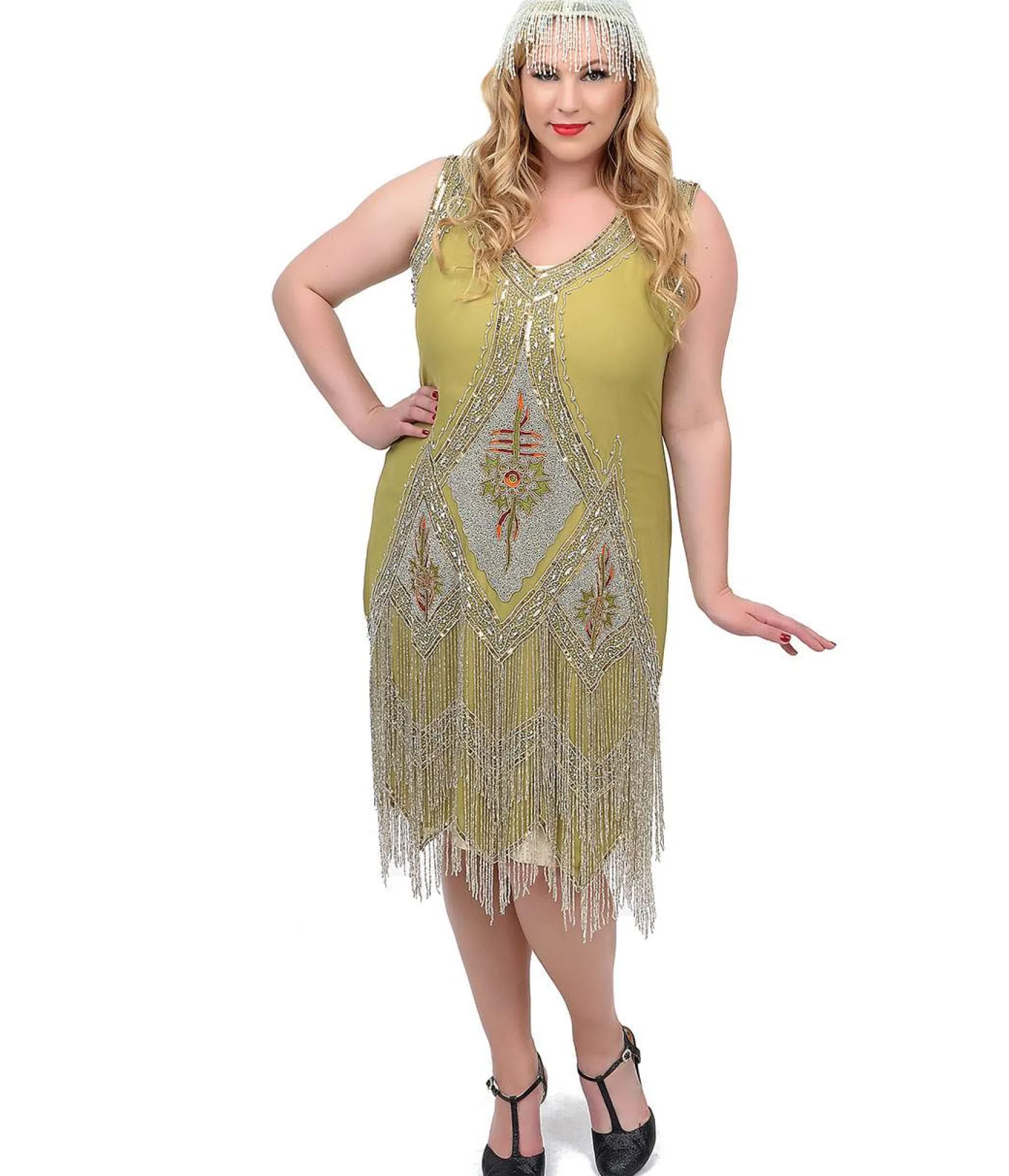 Unique Vintage Special Order - Plus Size 1920s Green & Silver Embroidered & Hand Beaded Somerset Flapper Dress Best Sale