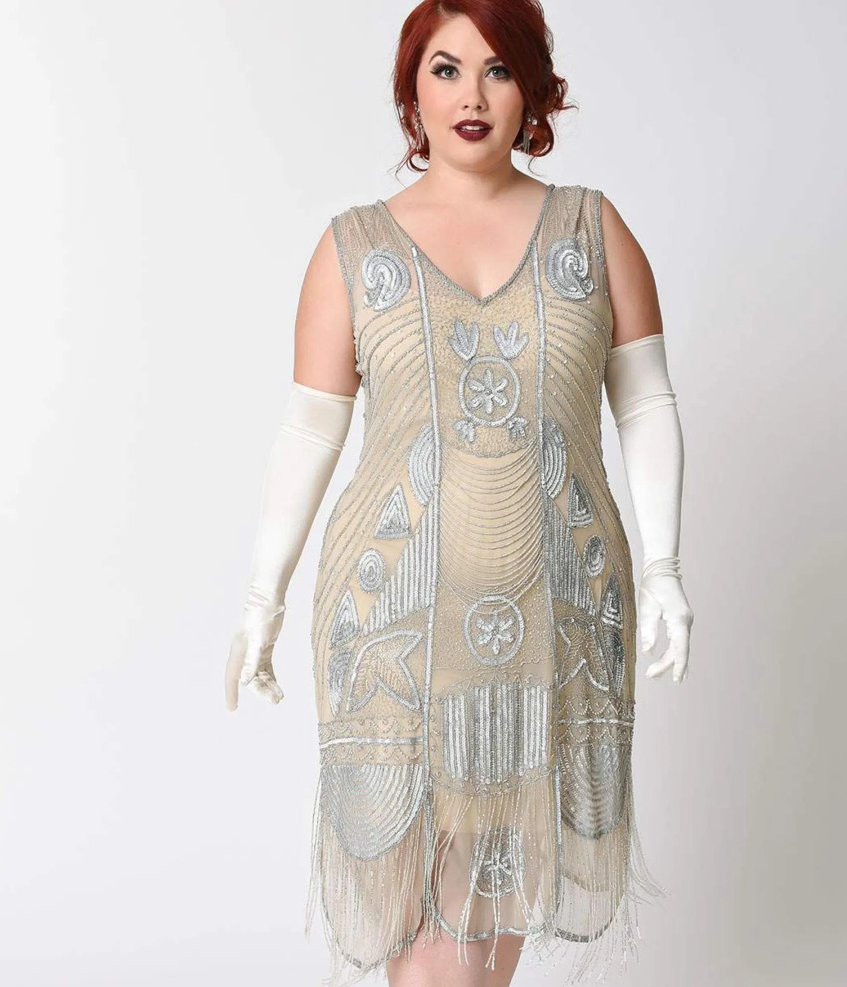 Unique Vintage Special Order - Plus Size 1920s Style Silver Hand Beaded Fringe Bosley Flapper Dress Online