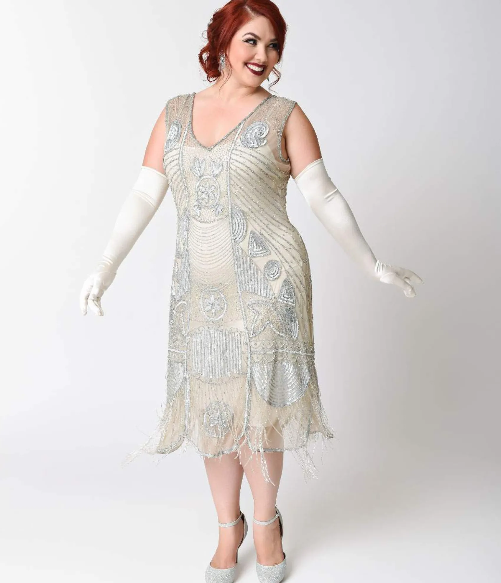 Unique Vintage Special Order - Plus Size 1920s Style Silver Hand Beaded Fringe Bosley Flapper Dress Online