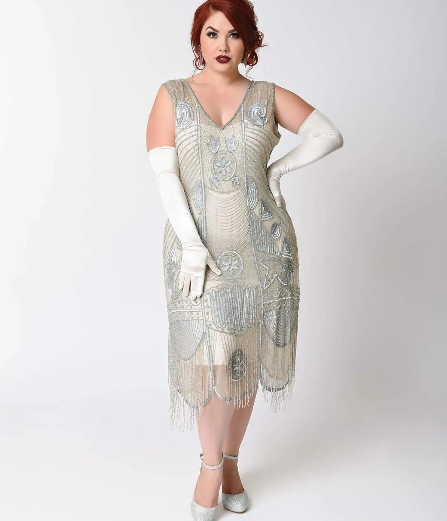 Unique Vintage Special Order - Plus Size 1920s Style Silver Hand Beaded Fringe Bosley Flapper Dress Online