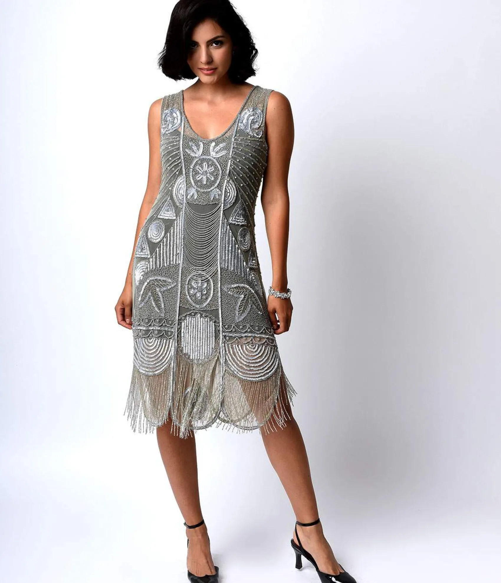 Unique Vintage Special Order - 1920s Style Silver Hand Beaded Fringe Bosley Flapper Dress Shop