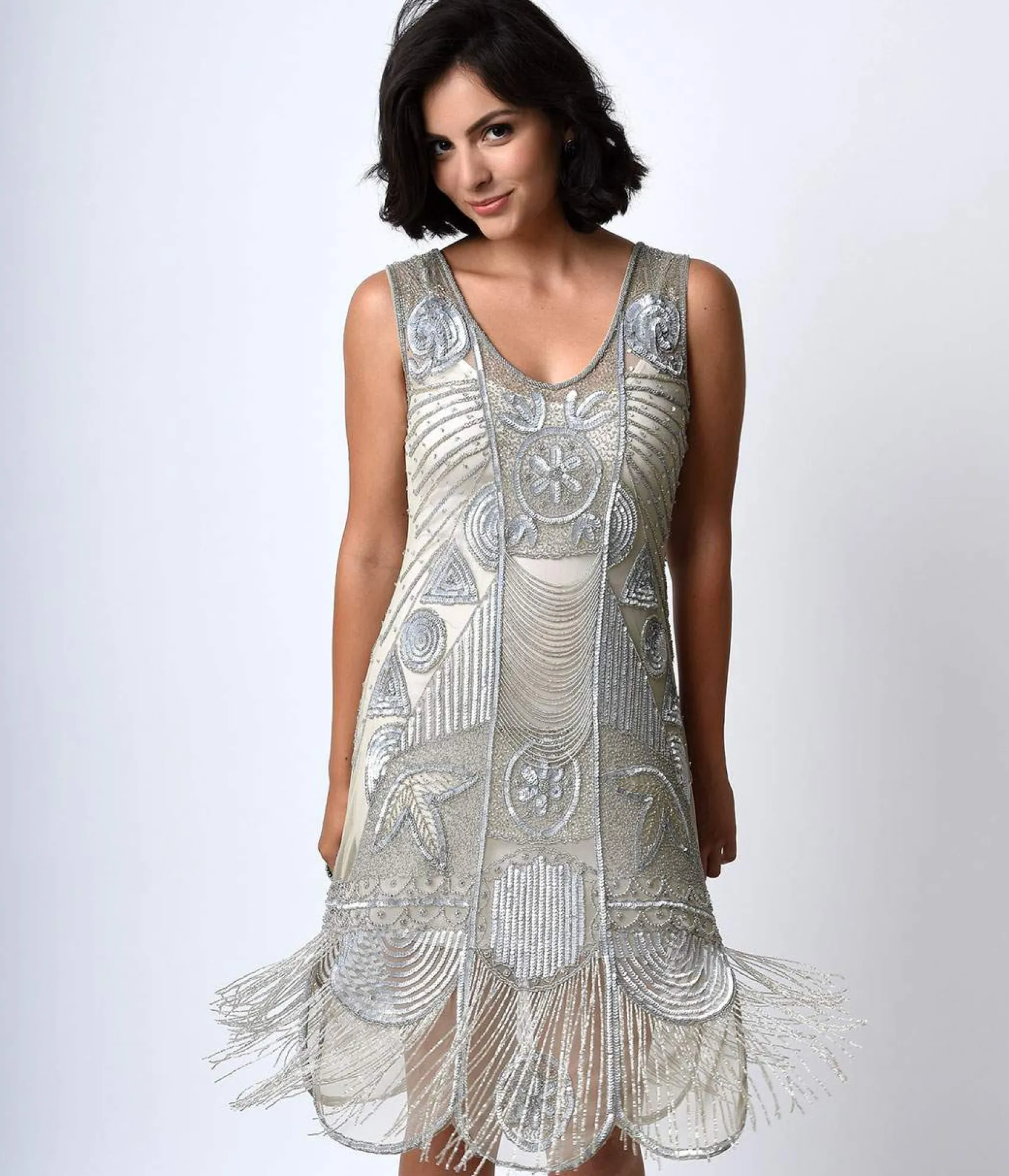 Unique Vintage Special Order - 1920s Style Silver Hand Beaded Fringe Bosley Flapper Dress Shop