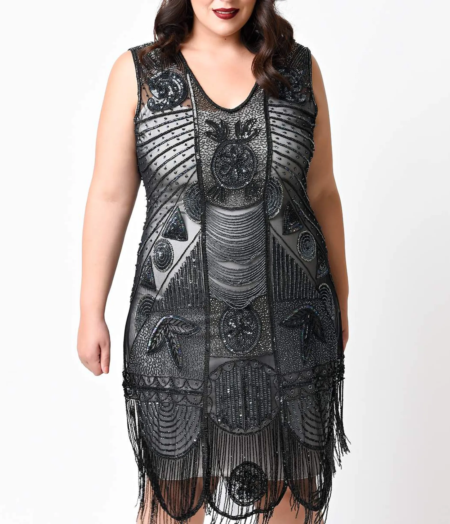 Unique Vintage Special Order- Plus Size 1920s Style Black Hand Beaded Fringe Bosley Flapper Dress Outlet