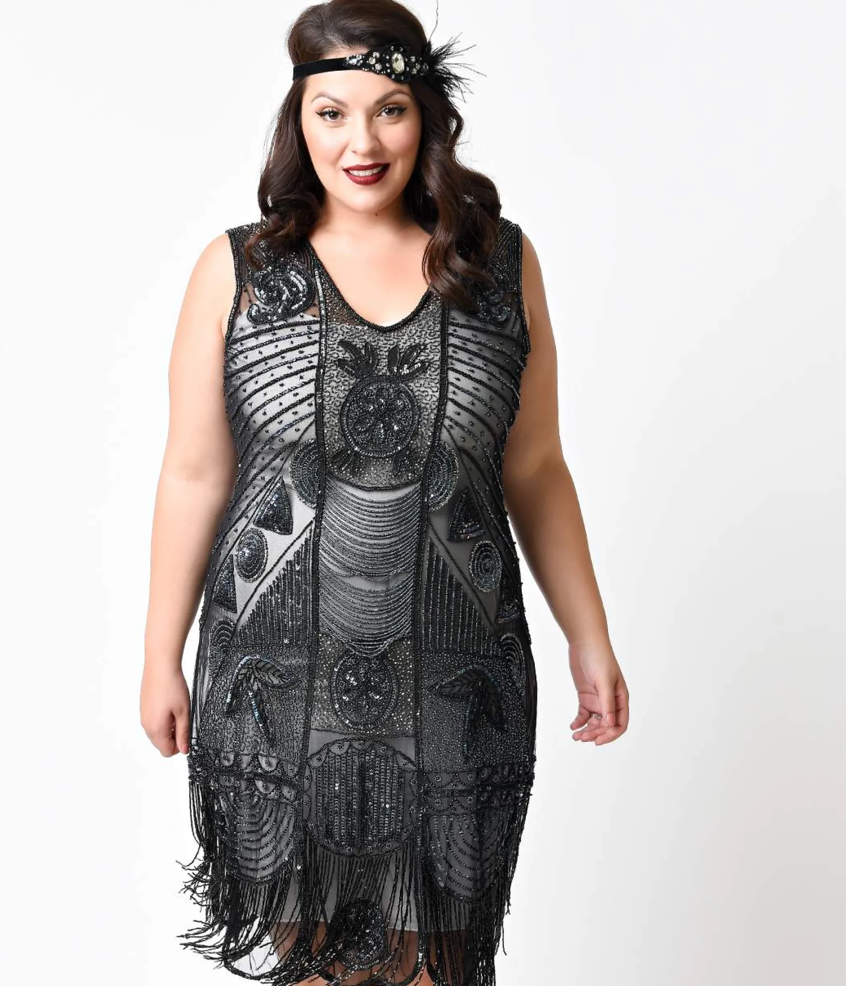 Unique Vintage Special Order- Plus Size 1920s Style Black Hand Beaded Fringe Bosley Flapper Dress Outlet