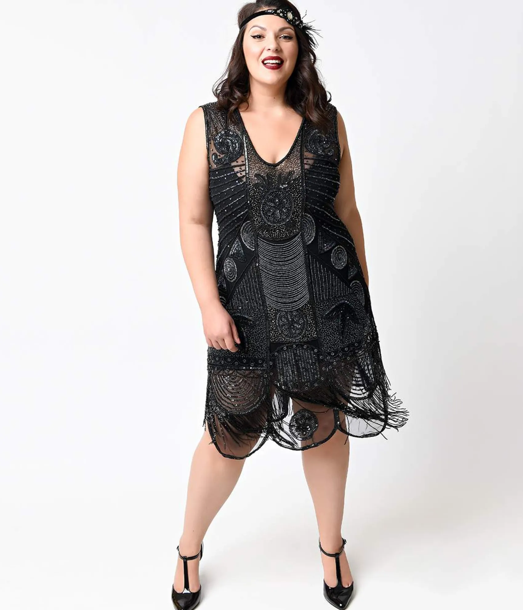 Unique Vintage Special Order- Plus Size 1920s Style Black Hand Beaded Fringe Bosley Flapper Dress Outlet