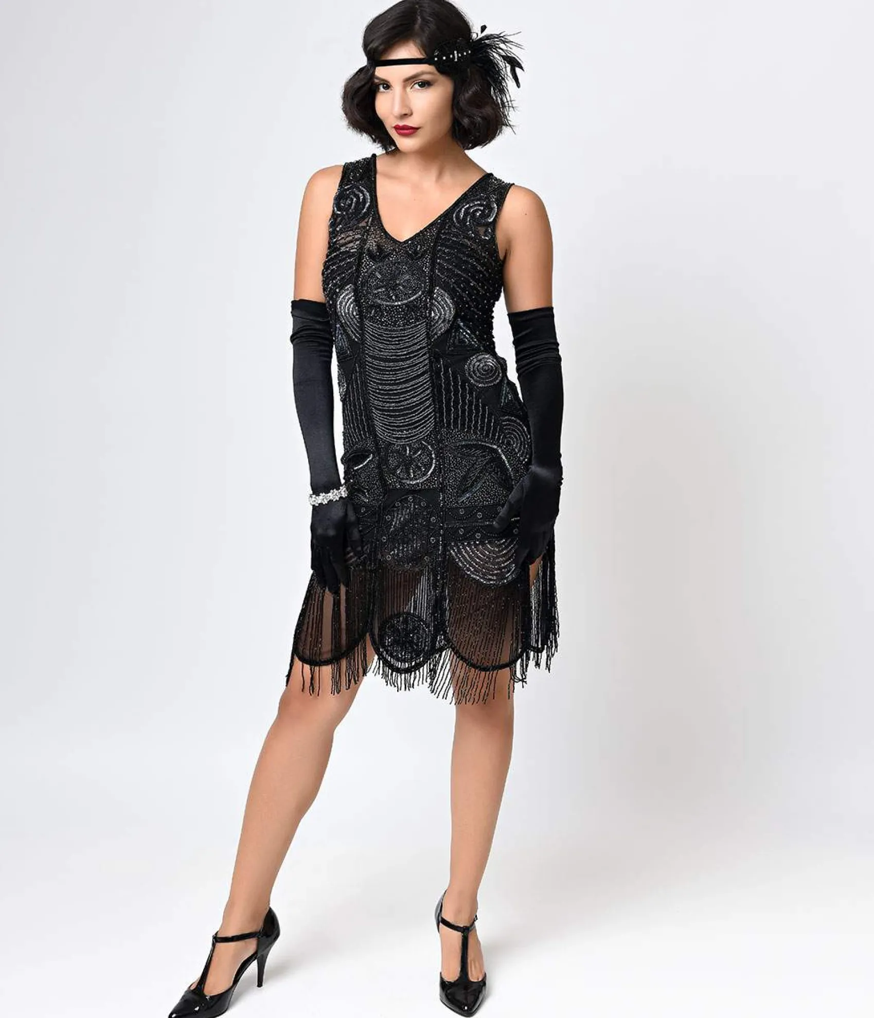 Unique Vintage Special Order- 1920s Style Black Hand Beaded Fringe Bosley Flapper Dress Clearance