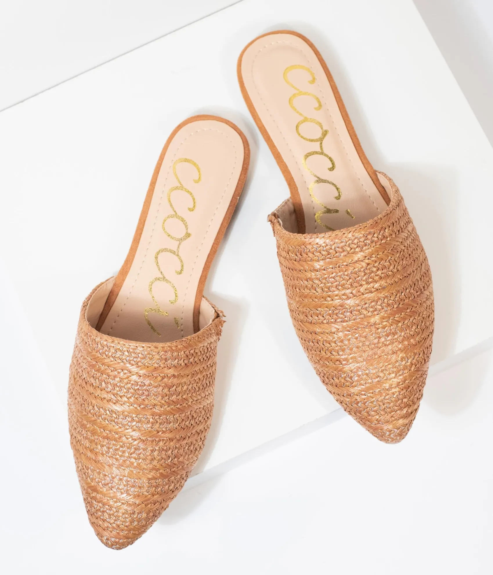 Unique Vintage Tan Woven Straw Slip On Mules Discount