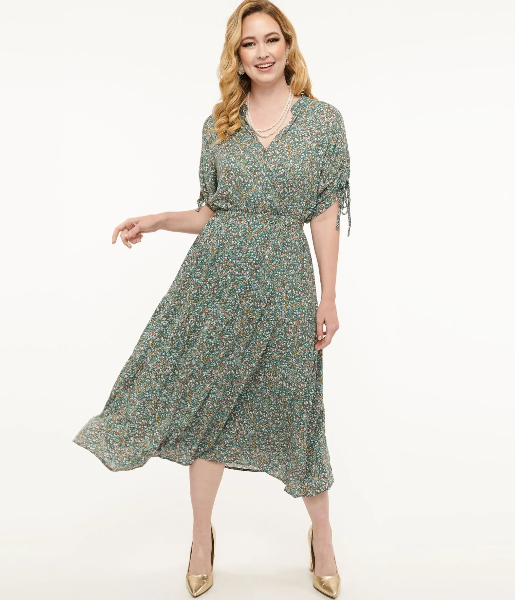 Unique Vintage Teal Floral Midi Dress Cheap
