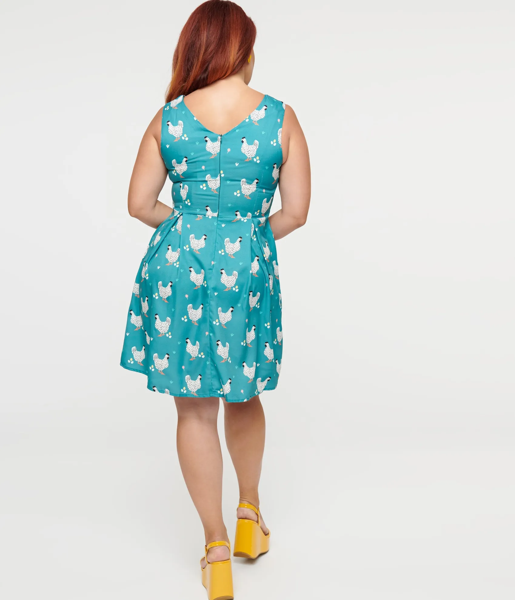 Unique Vintage Teal Rooster Fit & Flare Dress Clearance