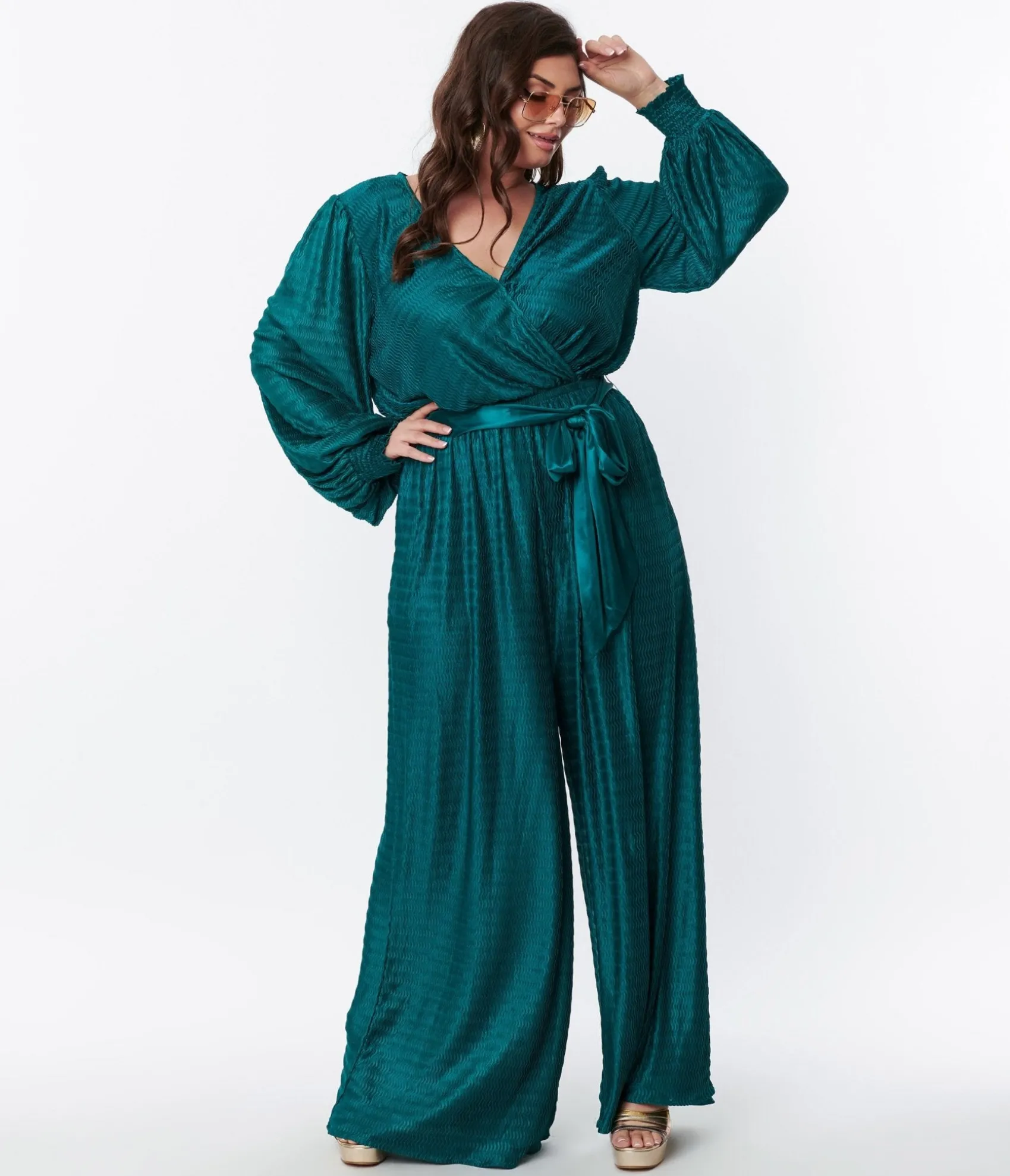 Unique Vintage Teal Satin Textured Jumpsuit Cheap