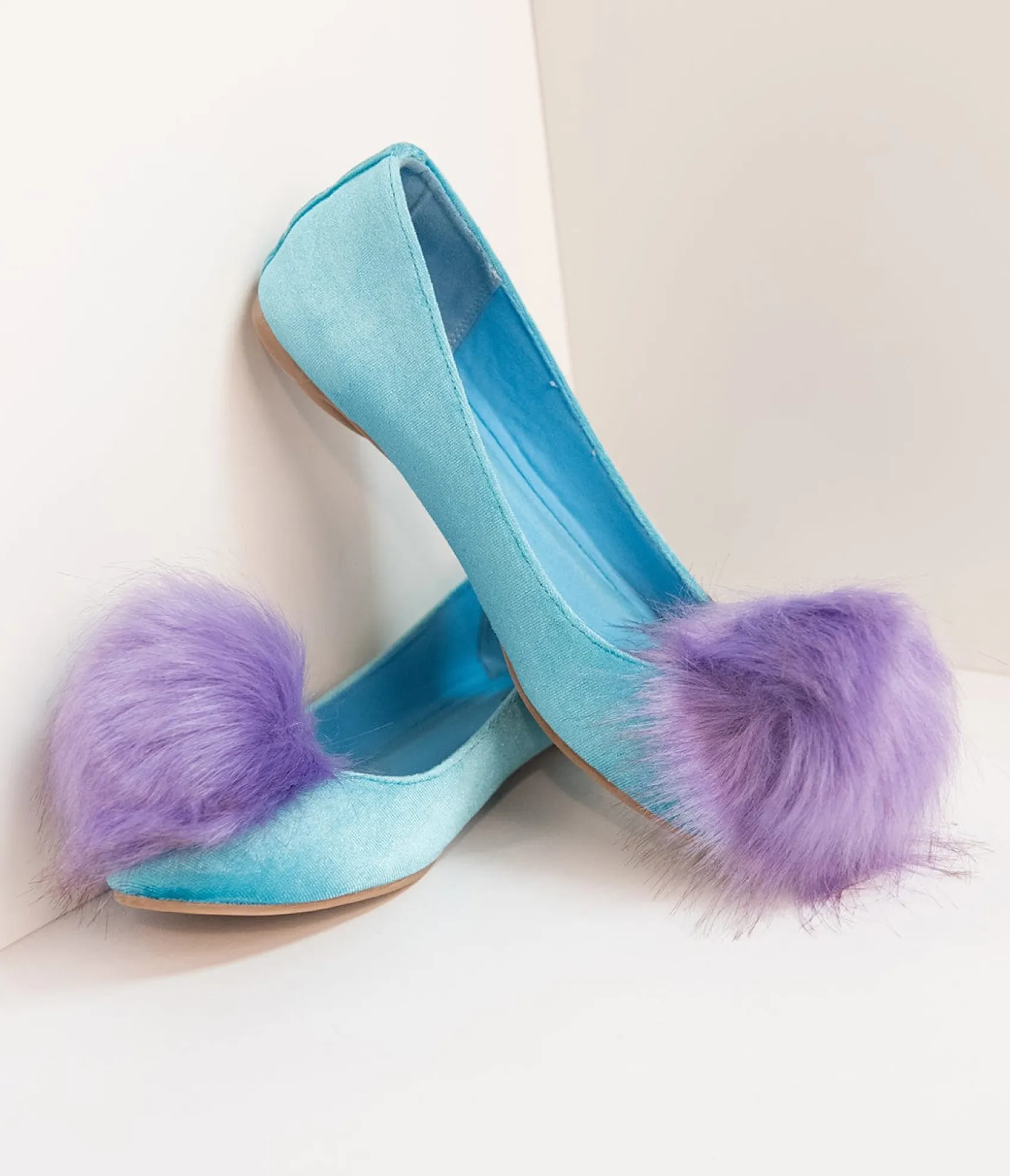 Unique Vintage Teal Velvet & Purple Pom Pom Ballet Flats Sale