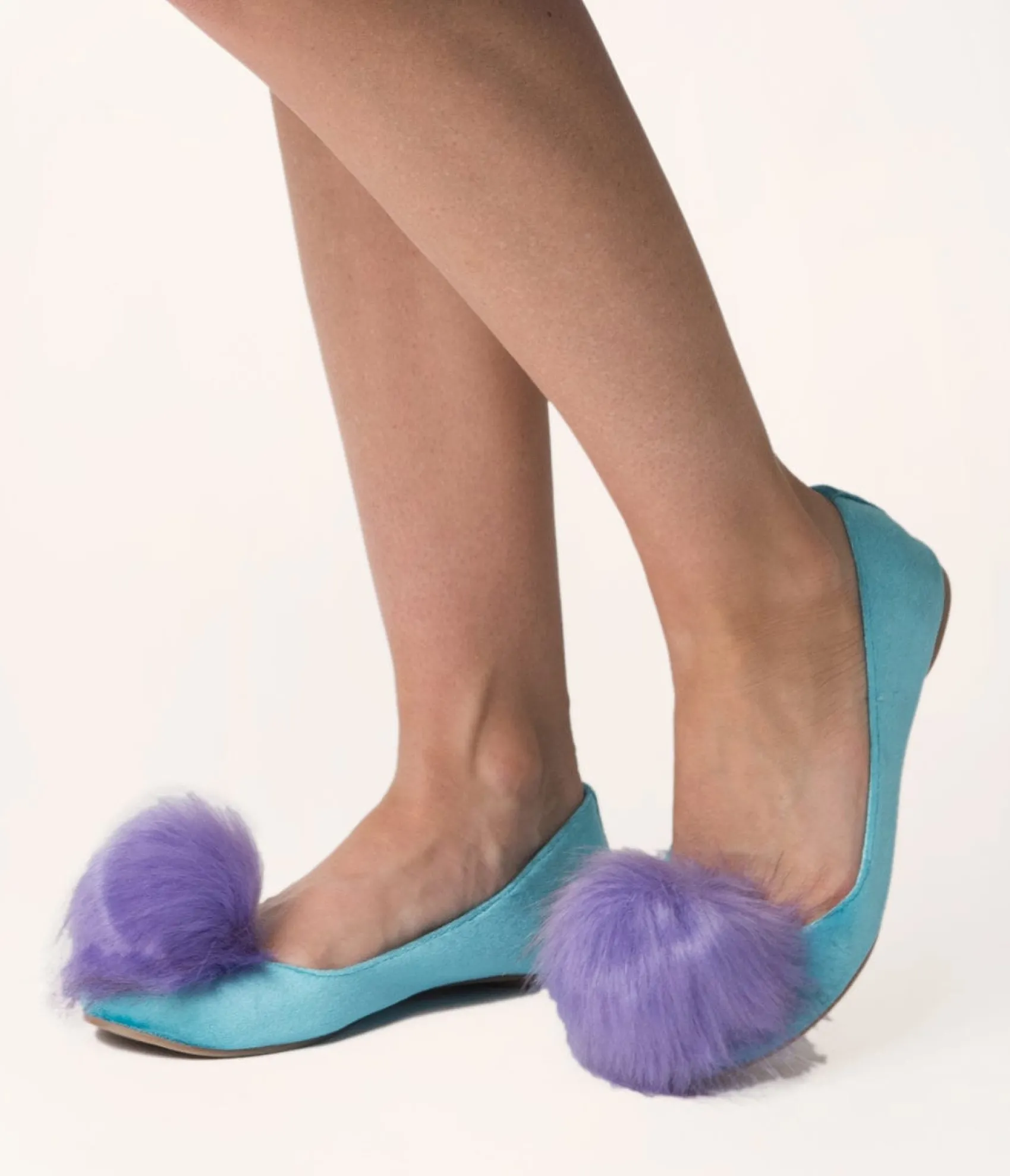 Unique Vintage Teal Velvet & Purple Pom Pom Ballet Flats Sale