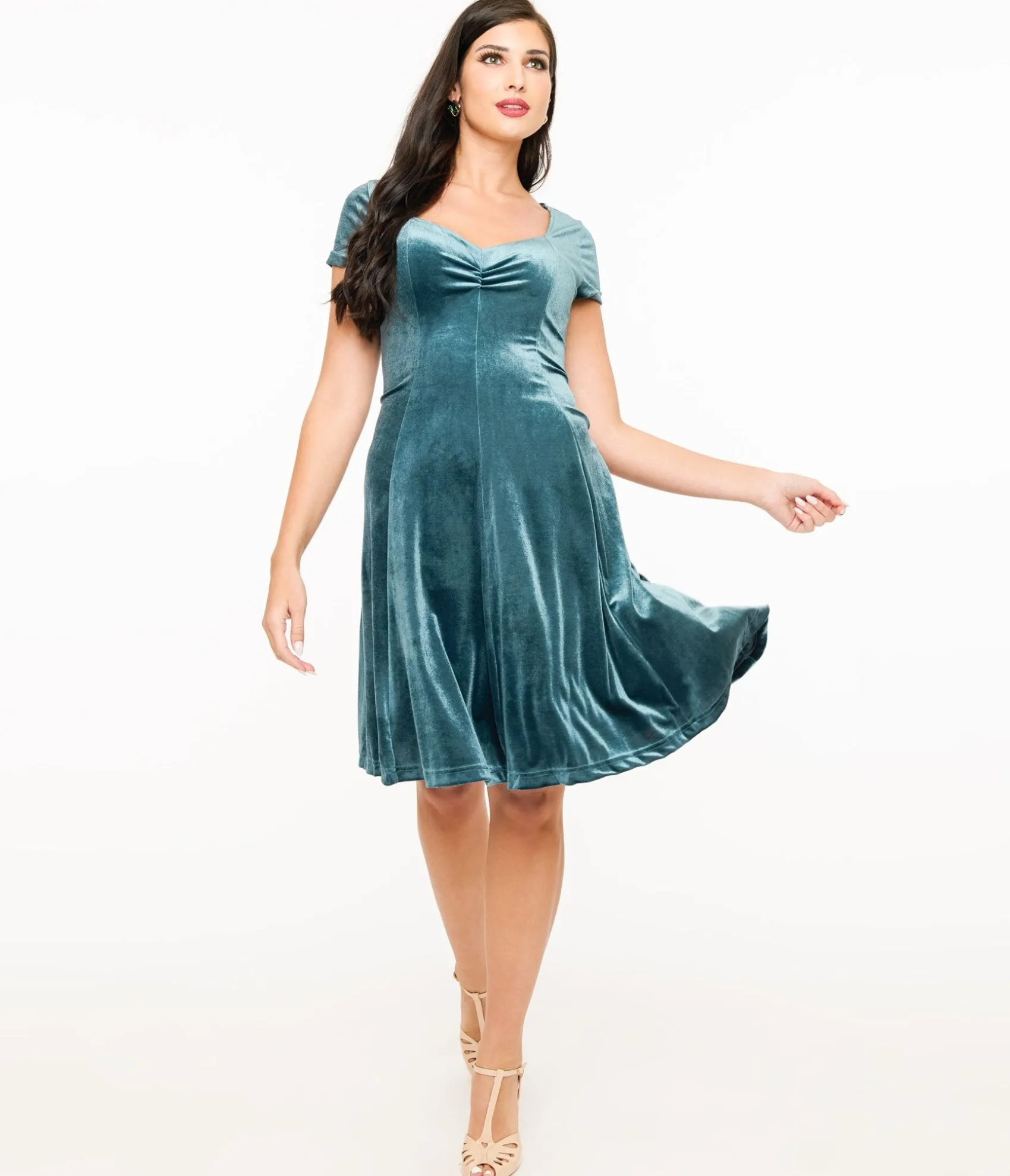Unique Vintage Teal Velvet Mini Dress Hot