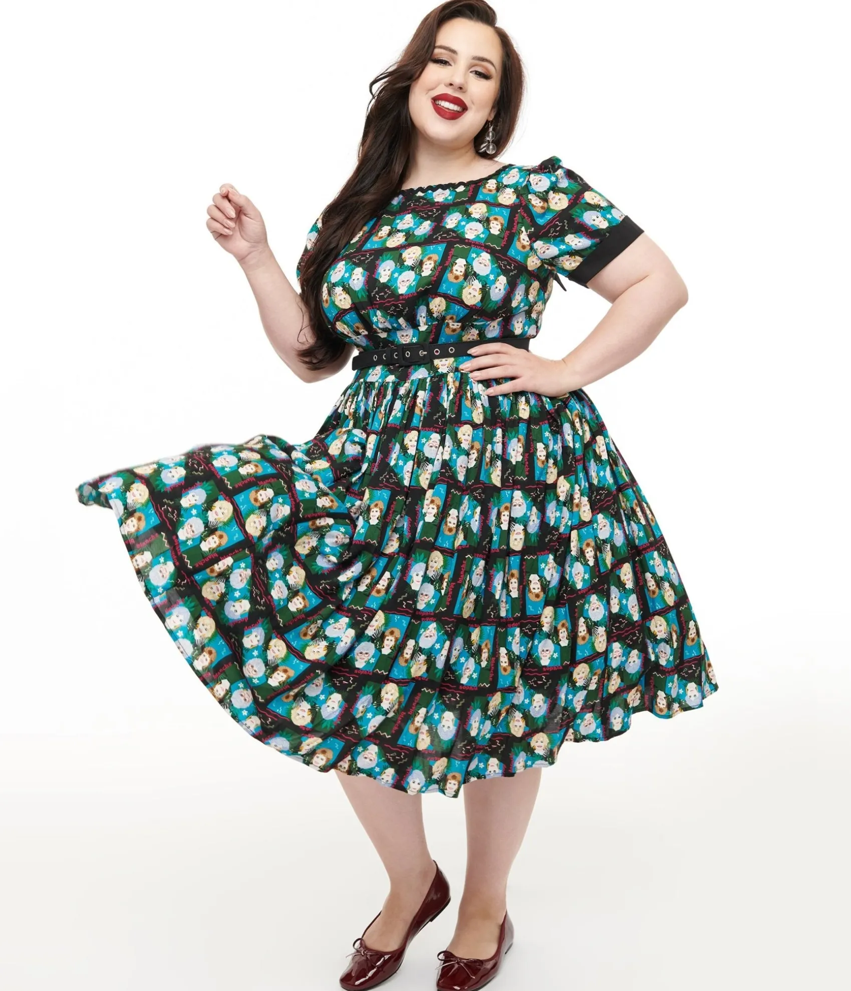 Unique Vintage The Golden Girls x Plus Size Black & Blue The Golden Girls Print Swing Dress Fashion