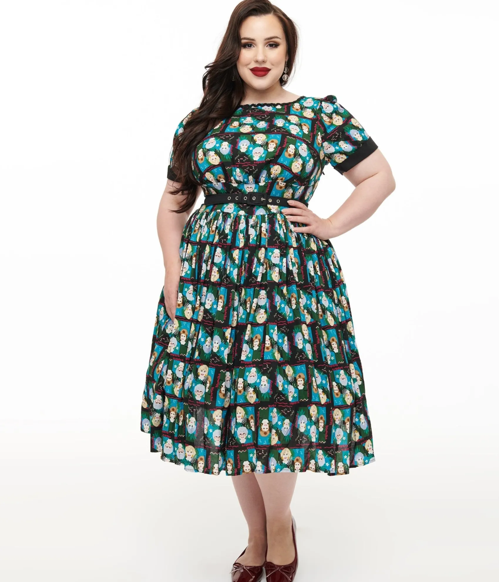 Unique Vintage The Golden Girls x Plus Size Black & Blue The Golden Girls Print Swing Dress Fashion