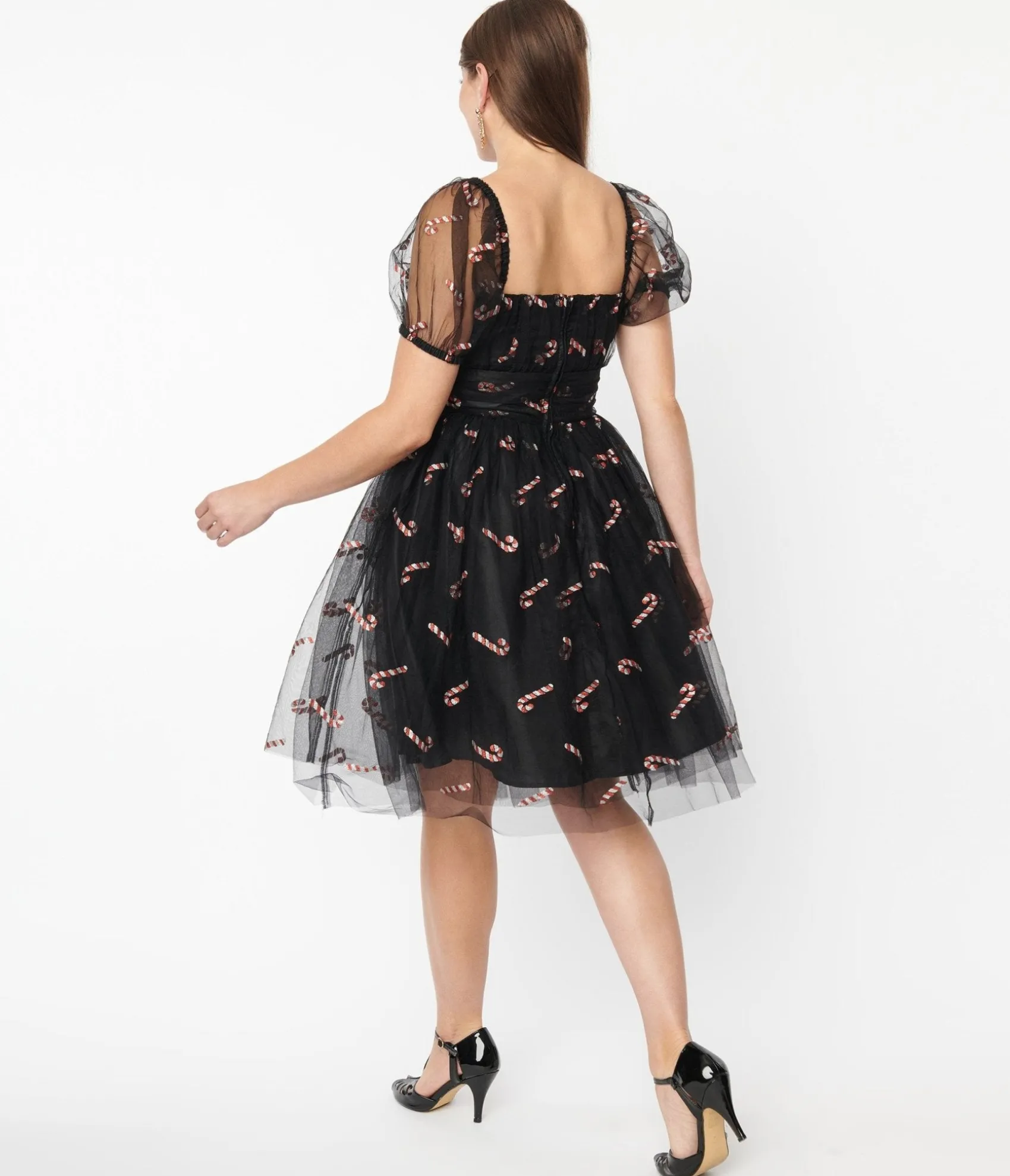 Unique Vintage Black & Glitter Candy Canes Babydoll Dress Fashion