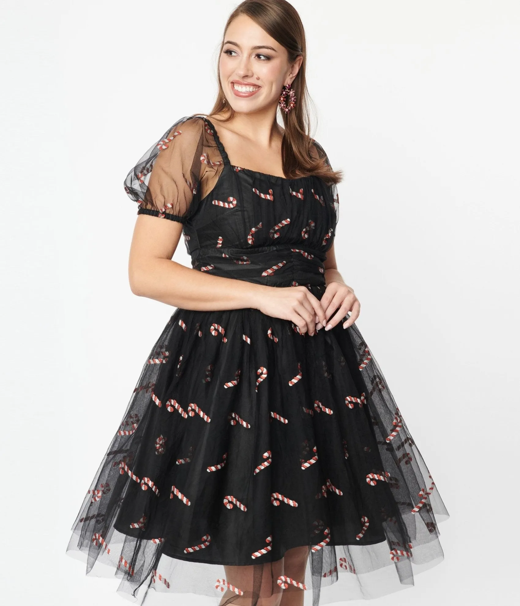Unique Vintage Black & Glitter Candy Canes Babydoll Dress Fashion
