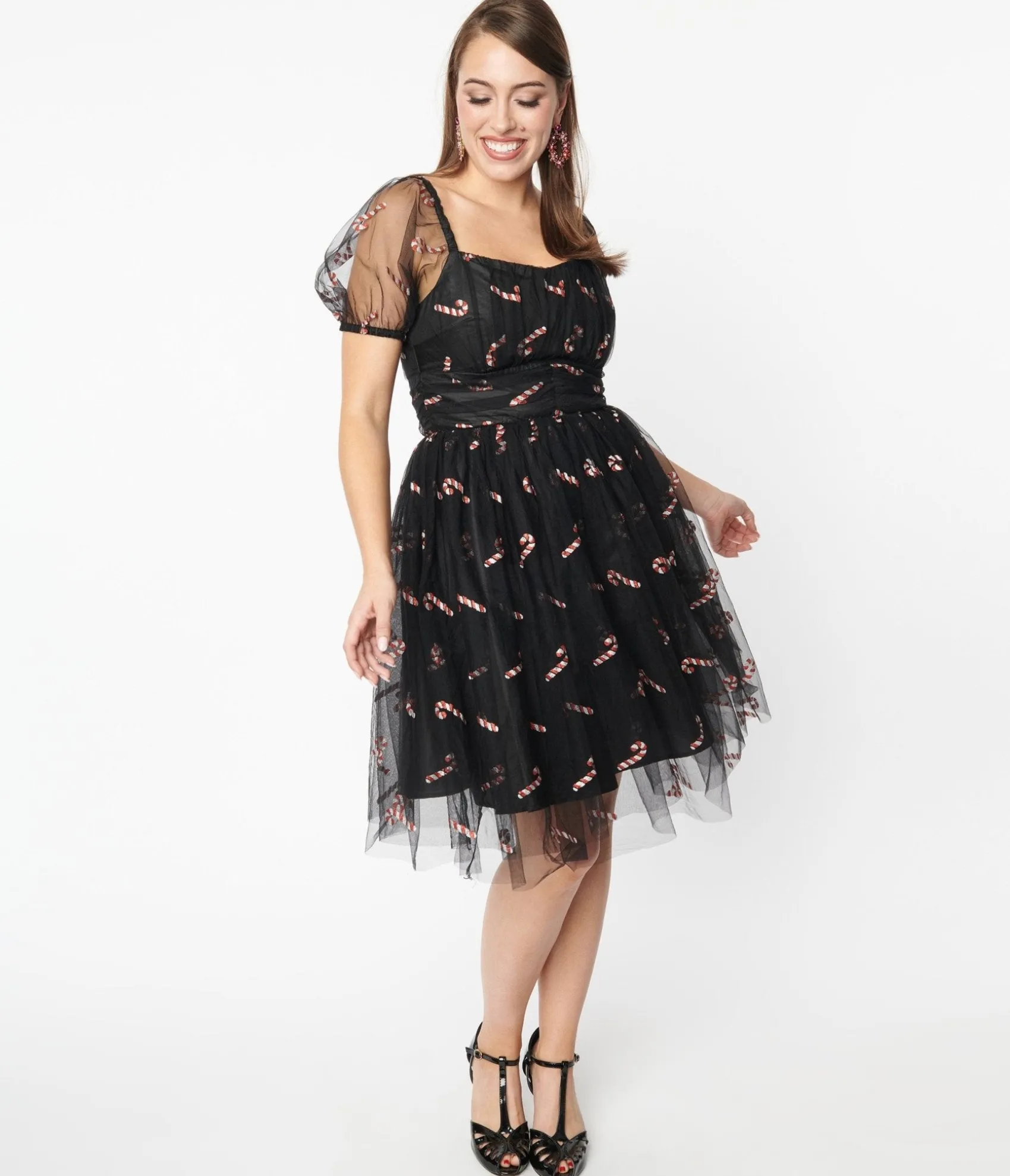 Unique Vintage Black & Glitter Candy Canes Babydoll Dress Fashion