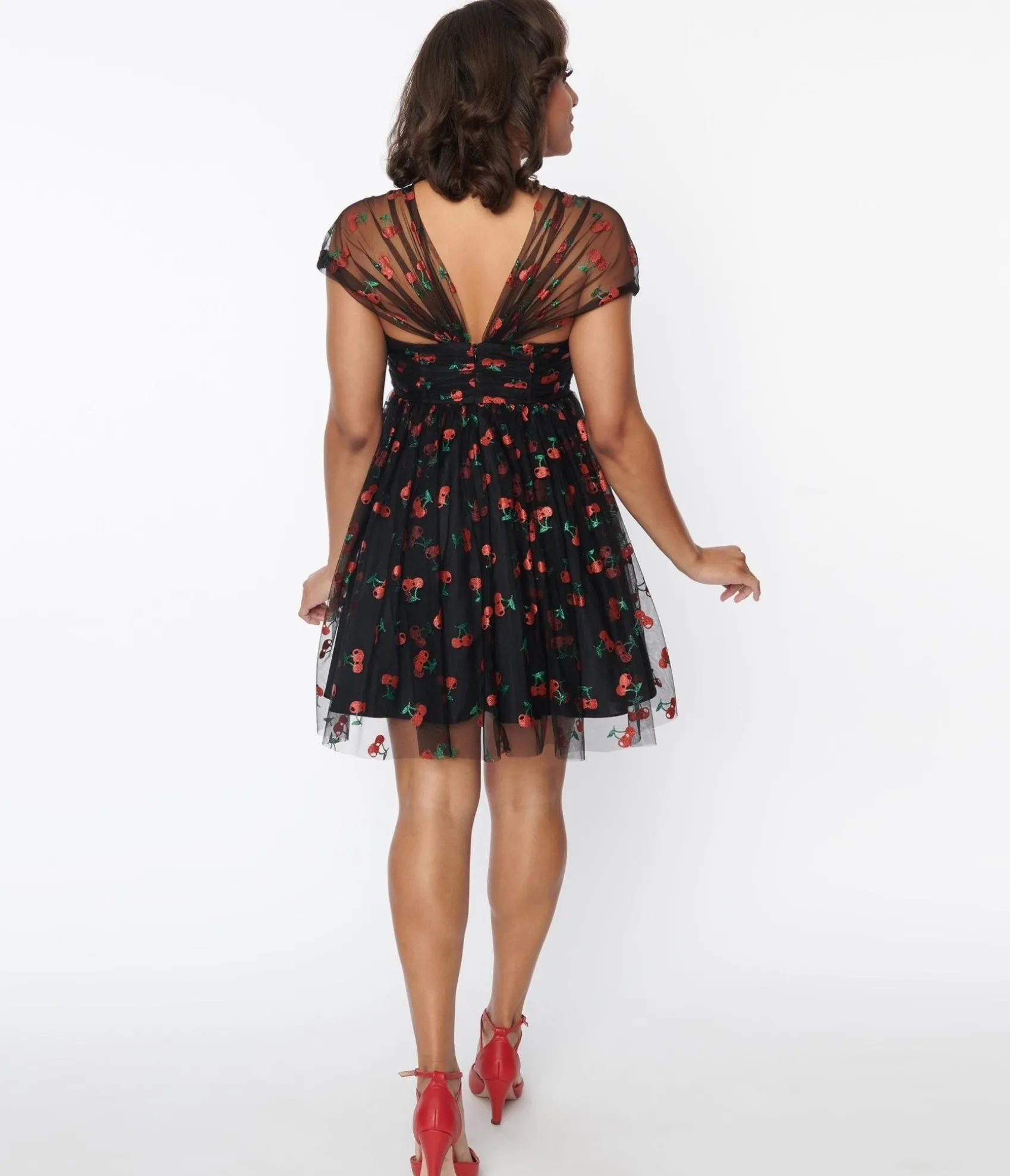 Unique Vintage Black & Glitter Cherry Print Heart & Soul Babydoll Dress Hot