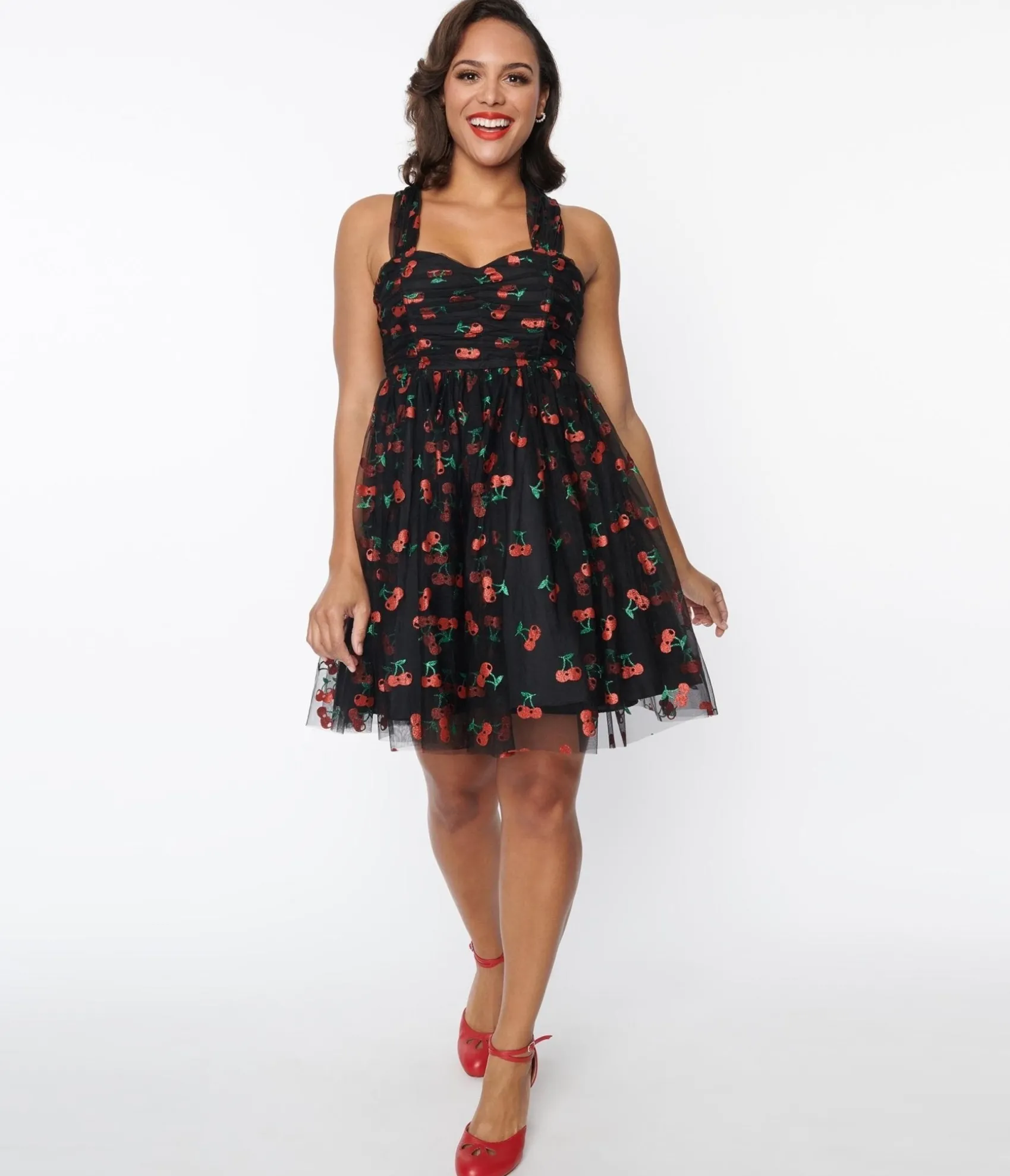 Unique Vintage Black & Glitter Cherry Print Heart & Soul Babydoll Dress Hot