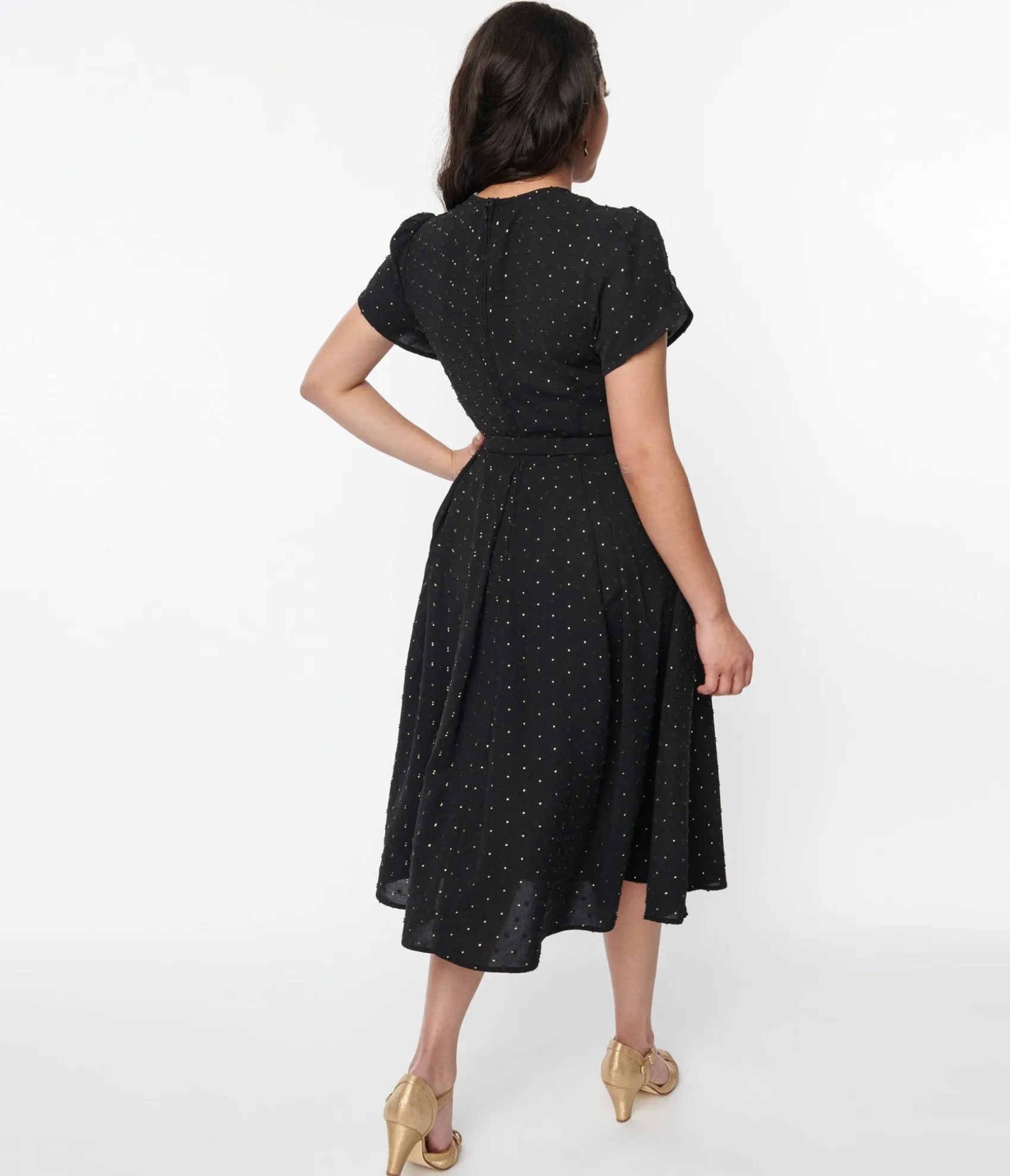 Unique Vintage Black & Gold Clip Dot Dahlia Swing Dress Best