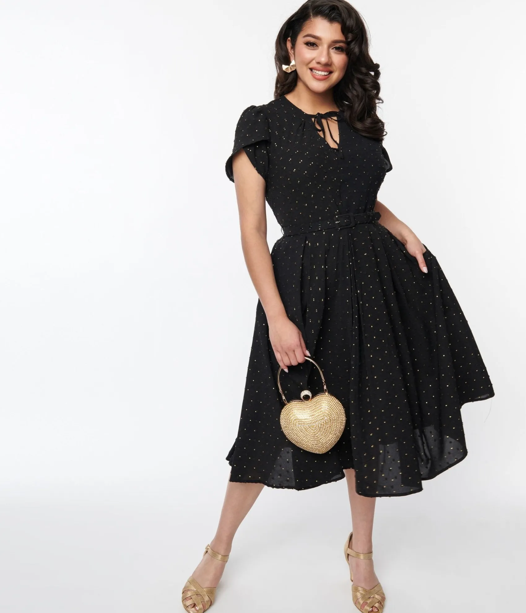 Unique Vintage Black & Gold Clip Dot Dahlia Swing Dress Best