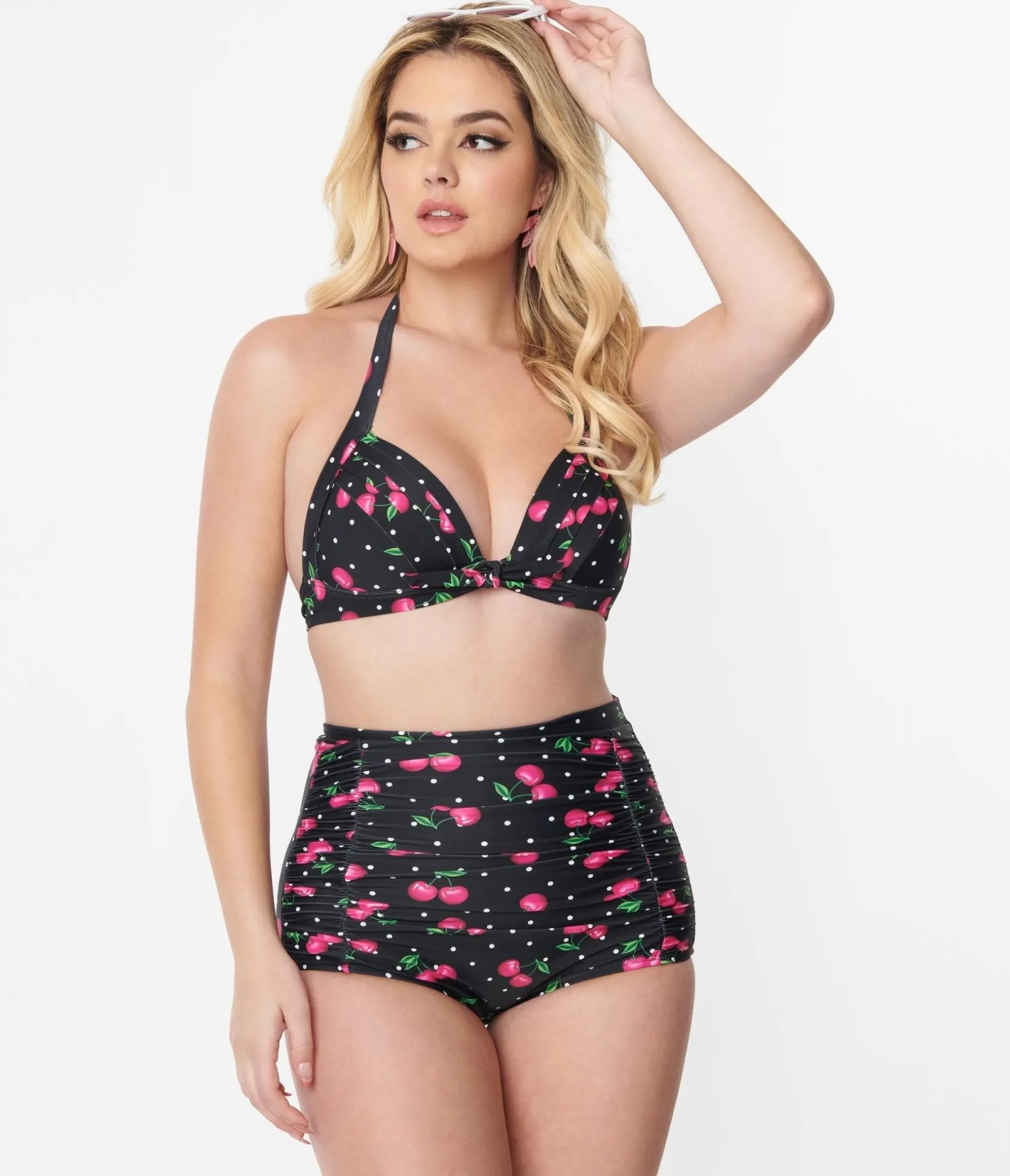Unique Vintage Black & Hot Pink Cherry Pin Dot Monroe Swim Top Best