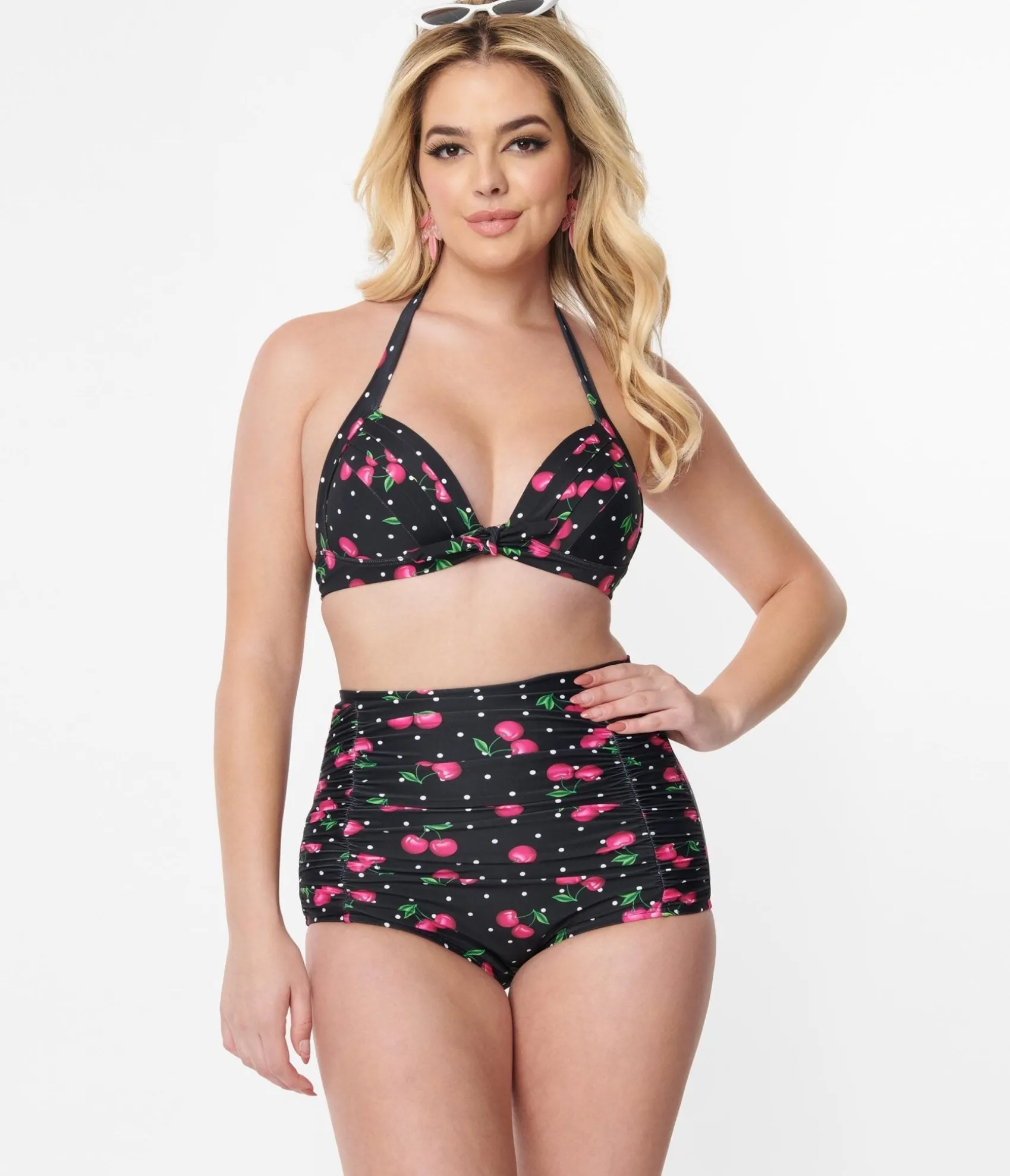 Unique Vintage Black & Hot Pink Cherry Pin Dot Monroe Swim Top Best