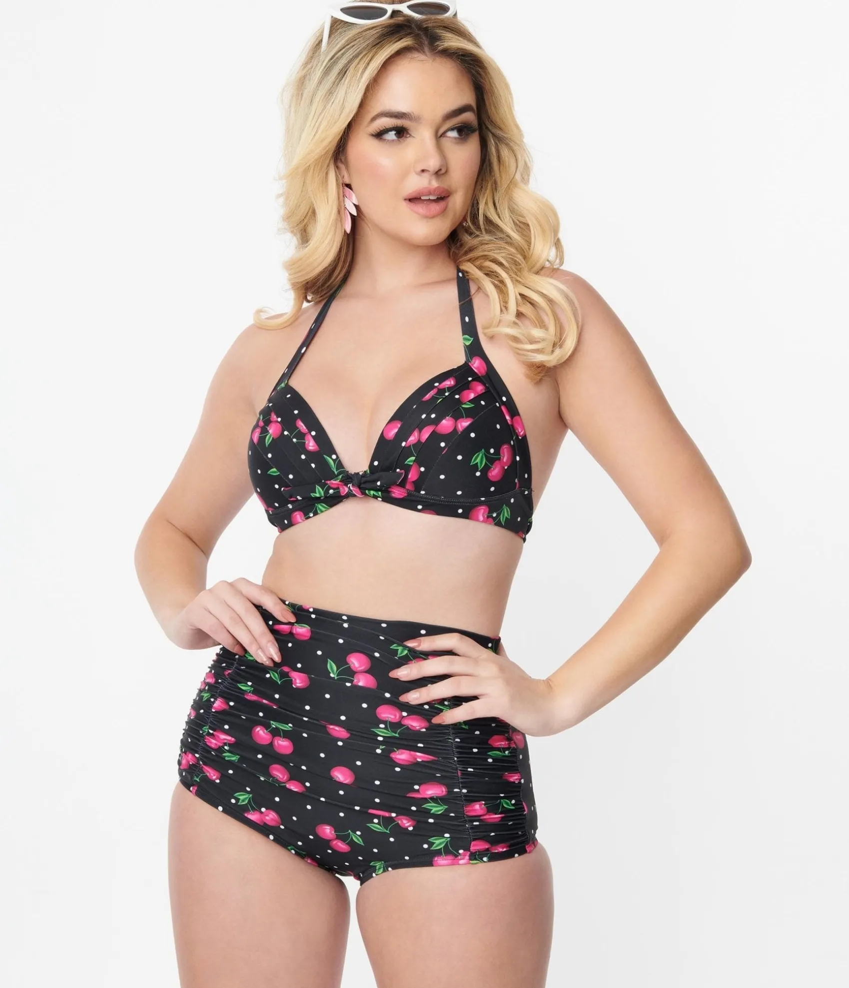 Unique Vintage Black & Hot Pink Cherry Pin Dot Monroe Swim Top Best