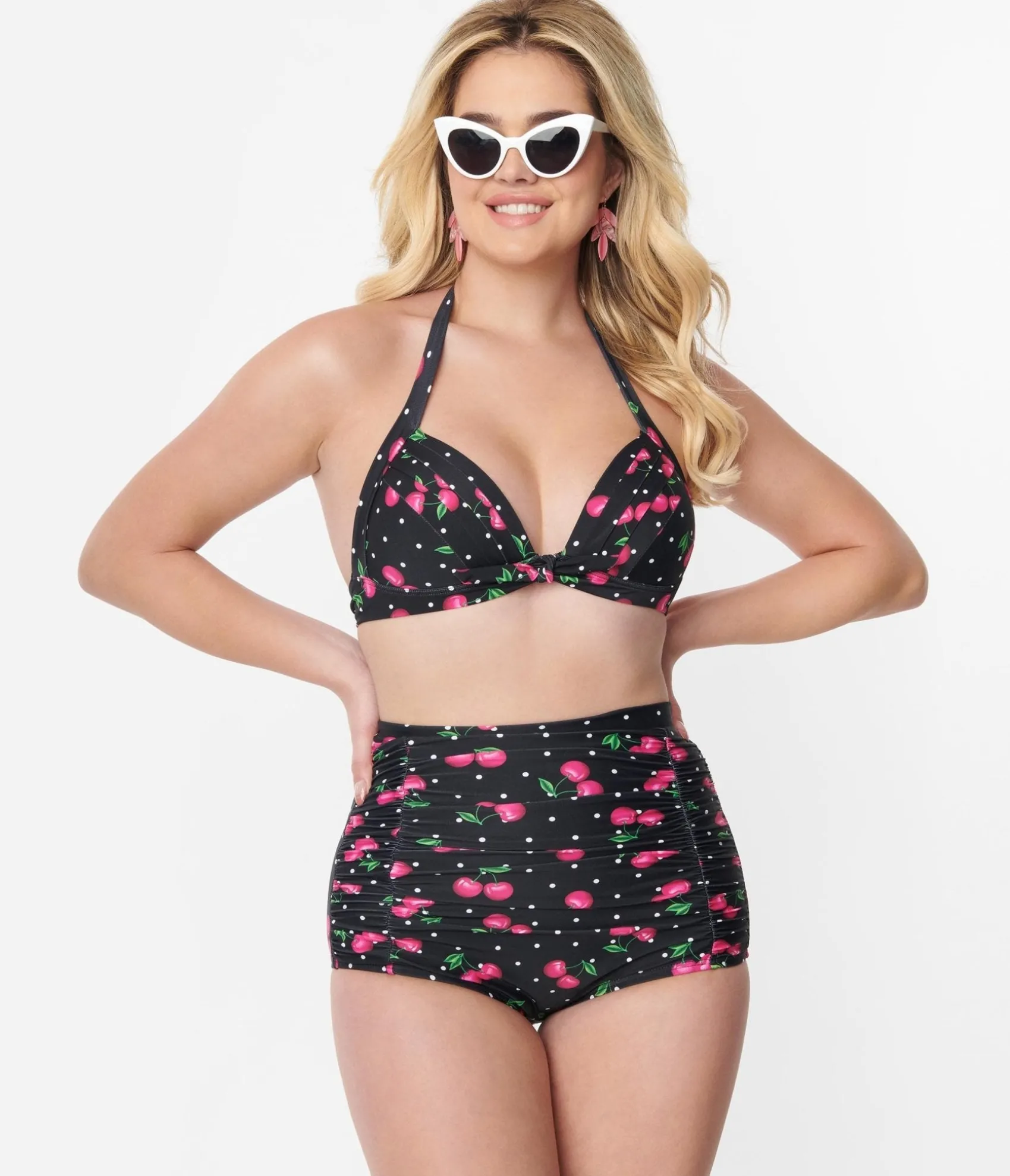 Unique Vintage Black & Hot Pink Cherry Pin Dot Monroe Swim Top Best